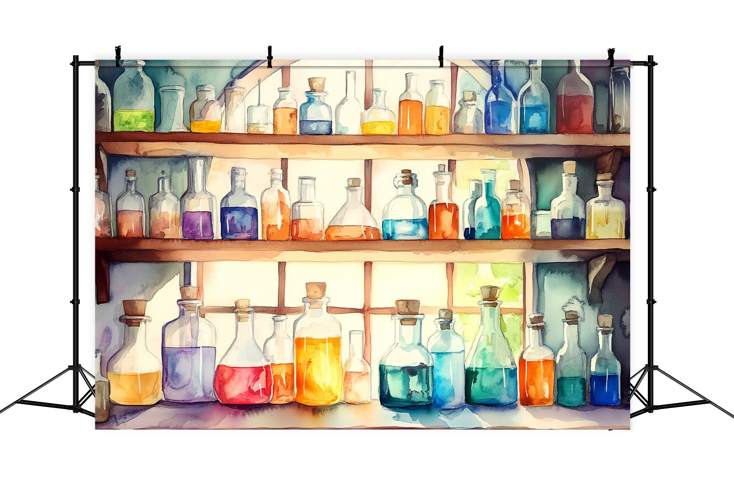 Chemistry Backdrop Watercolor Potion Bottles Wooden Shelves School Picture Backdrop LXX58-104