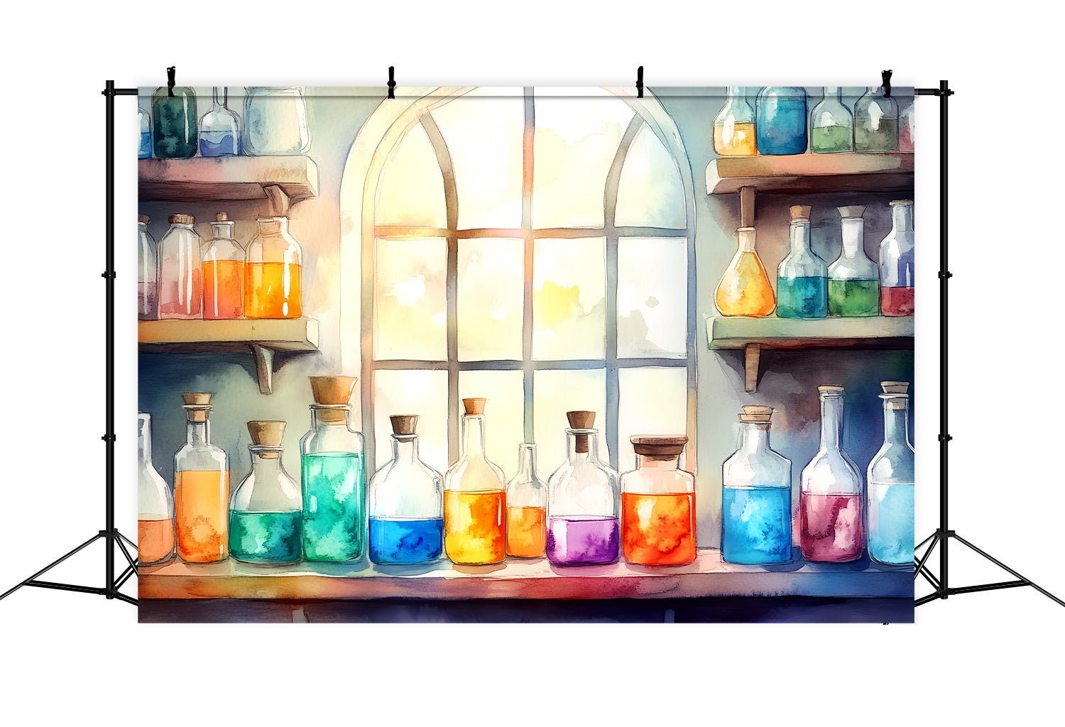 Chemistry Backdrop Sunlit Window Vibrant Potion Bottles Back To School Backdrops LXX58-105