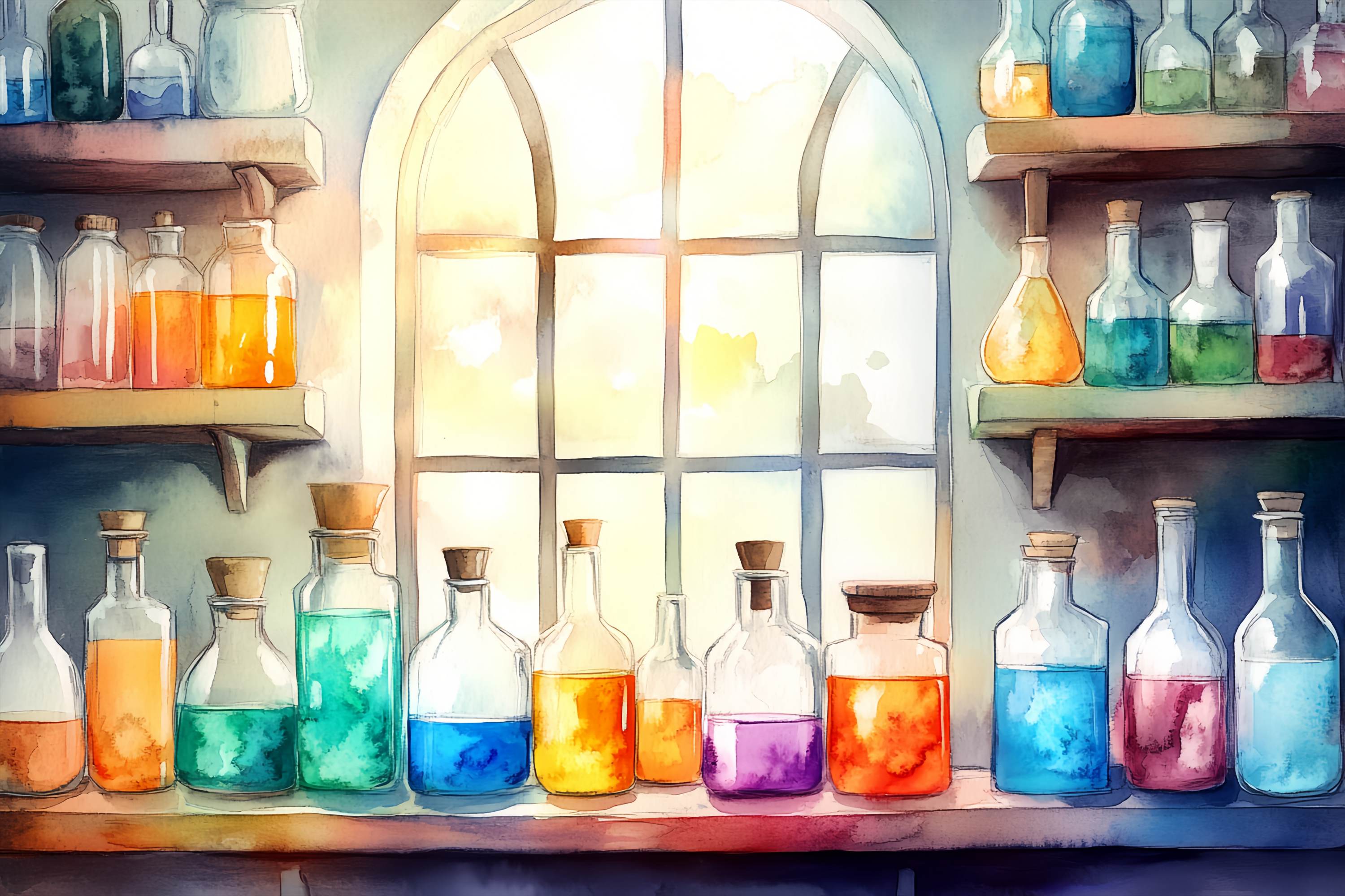 Chemistry Backdrop Sunlit Window Vibrant Potion Bottles Back To School Backdrops LXX58-105