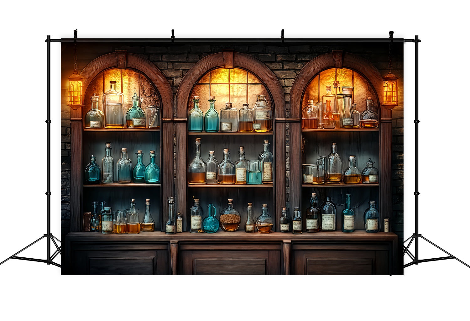 Chemistry Backdrop Vintage Wooden Cabinet Glass Bottles Back To School Backdrop LXX58-106