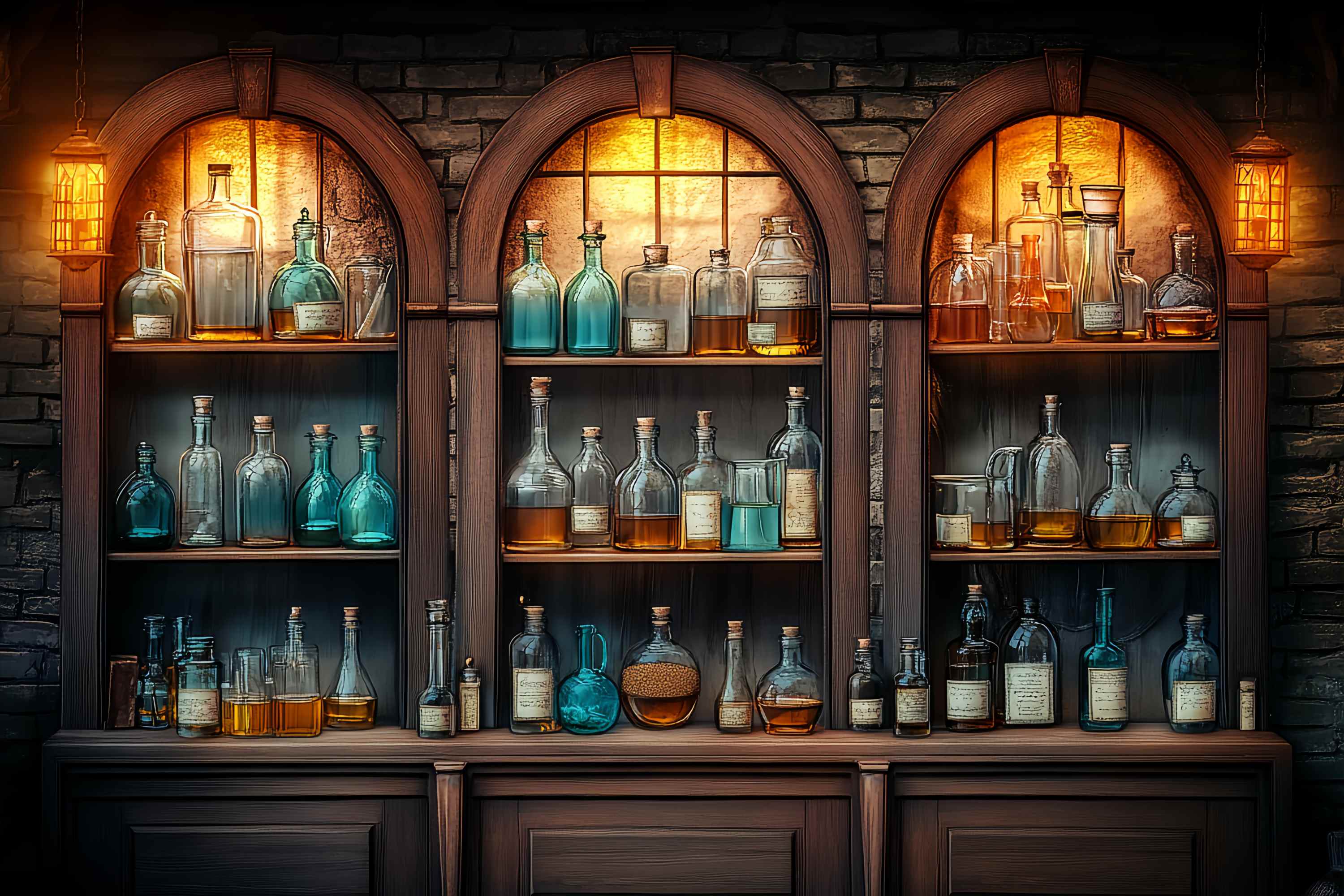 Chemistry Backdrop Vintage Wooden Cabinet Glass Bottles Back To School Backdrop LXX58-106