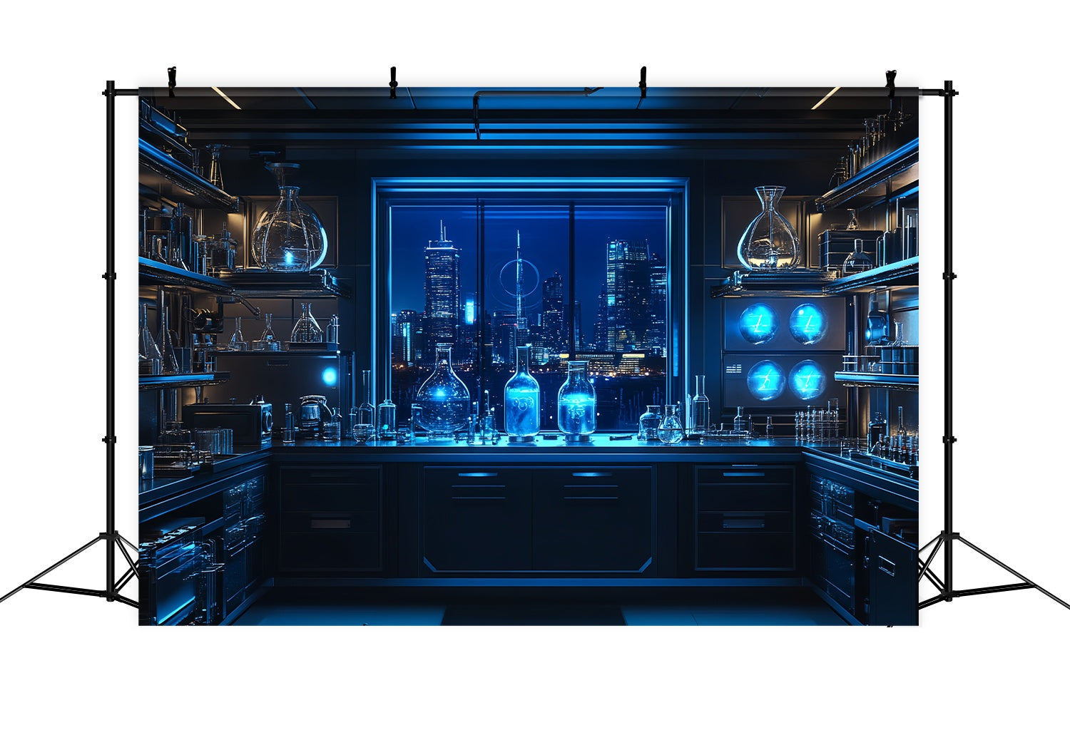 Chemistry Backdrop Futuristic Laboratory Skyline Night View School Picture Backdrop LXX58-108