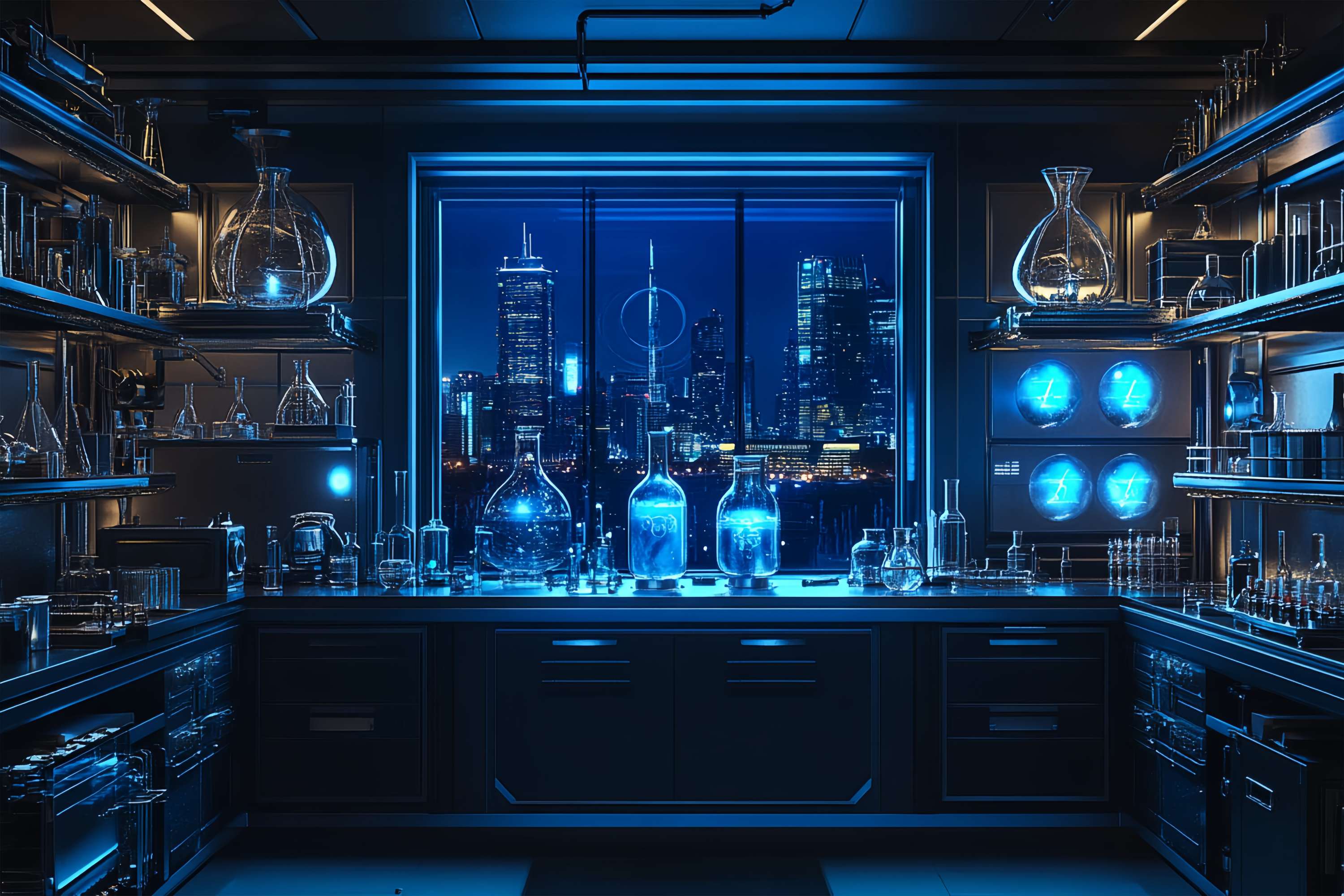Chemistry Backdrop Futuristic Laboratory Skyline Night View School Picture Backdrop LXX58-108