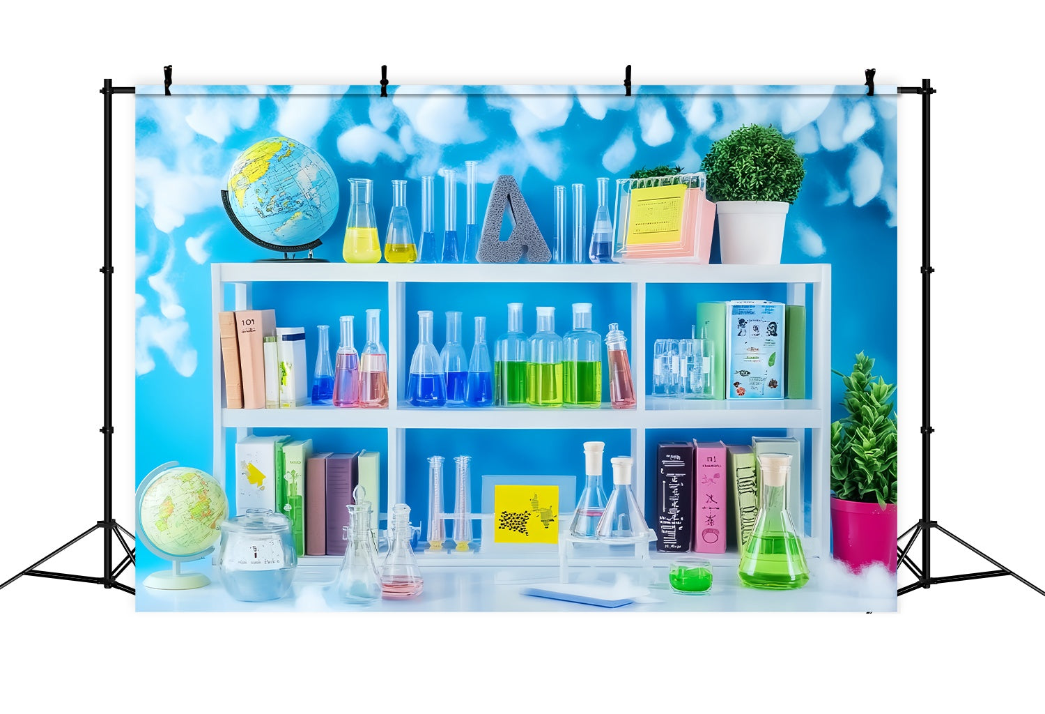 Chemistry Backdrop Colorful Chemistry Shelf Books Plants Back To School Photo Backdrop LXX58-109