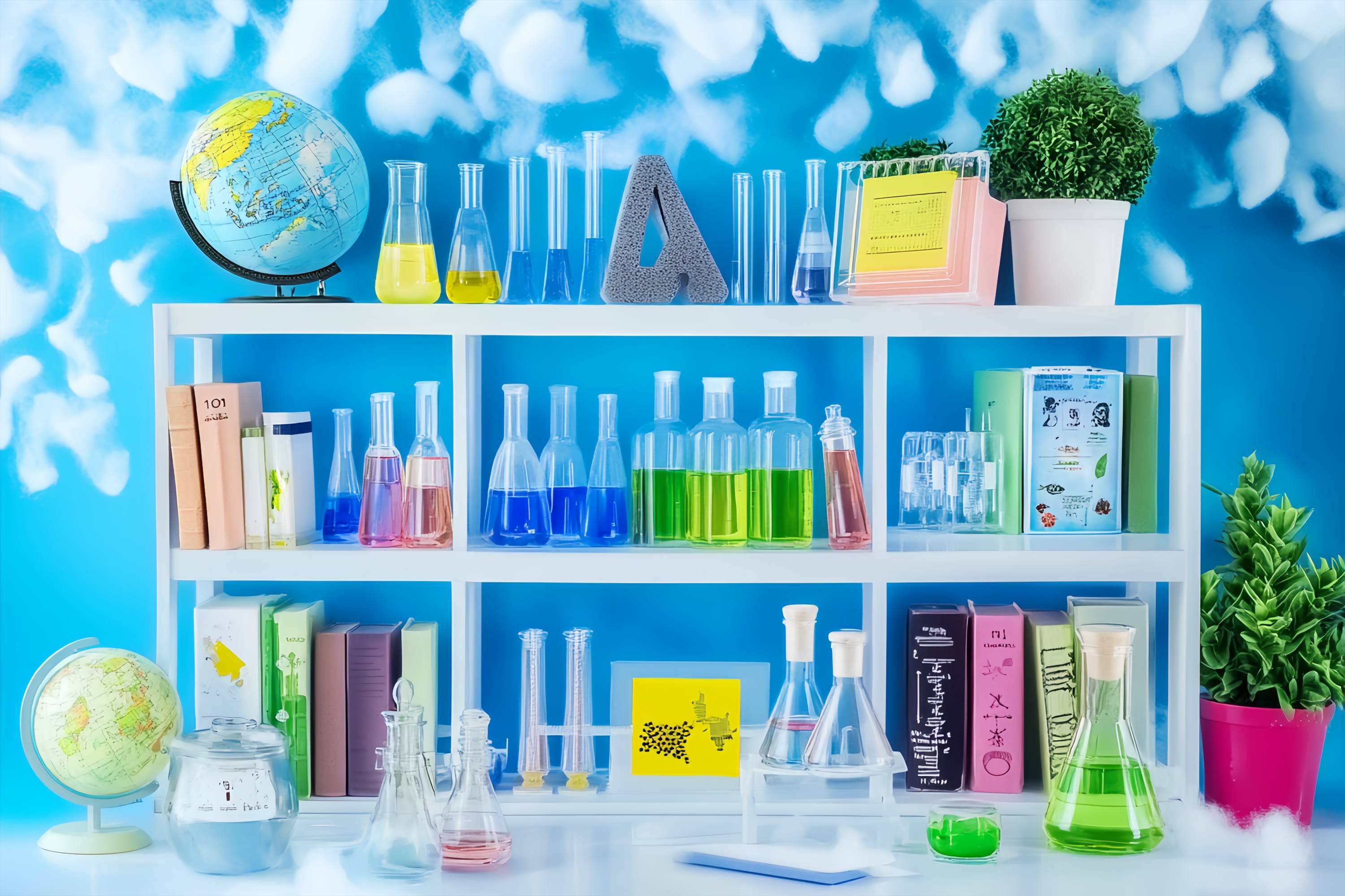 Chemistry Backdrop Colorful Chemistry Shelf Books Plants Back To School Photo Backdrop LXX58-109