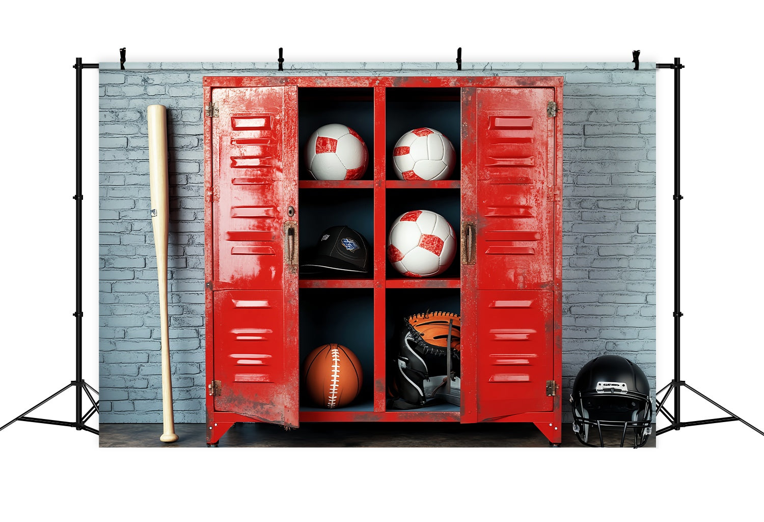 School Locker Backdrop Red Locker Filled Sports Equipment School Picture Backdrop LXX58-113