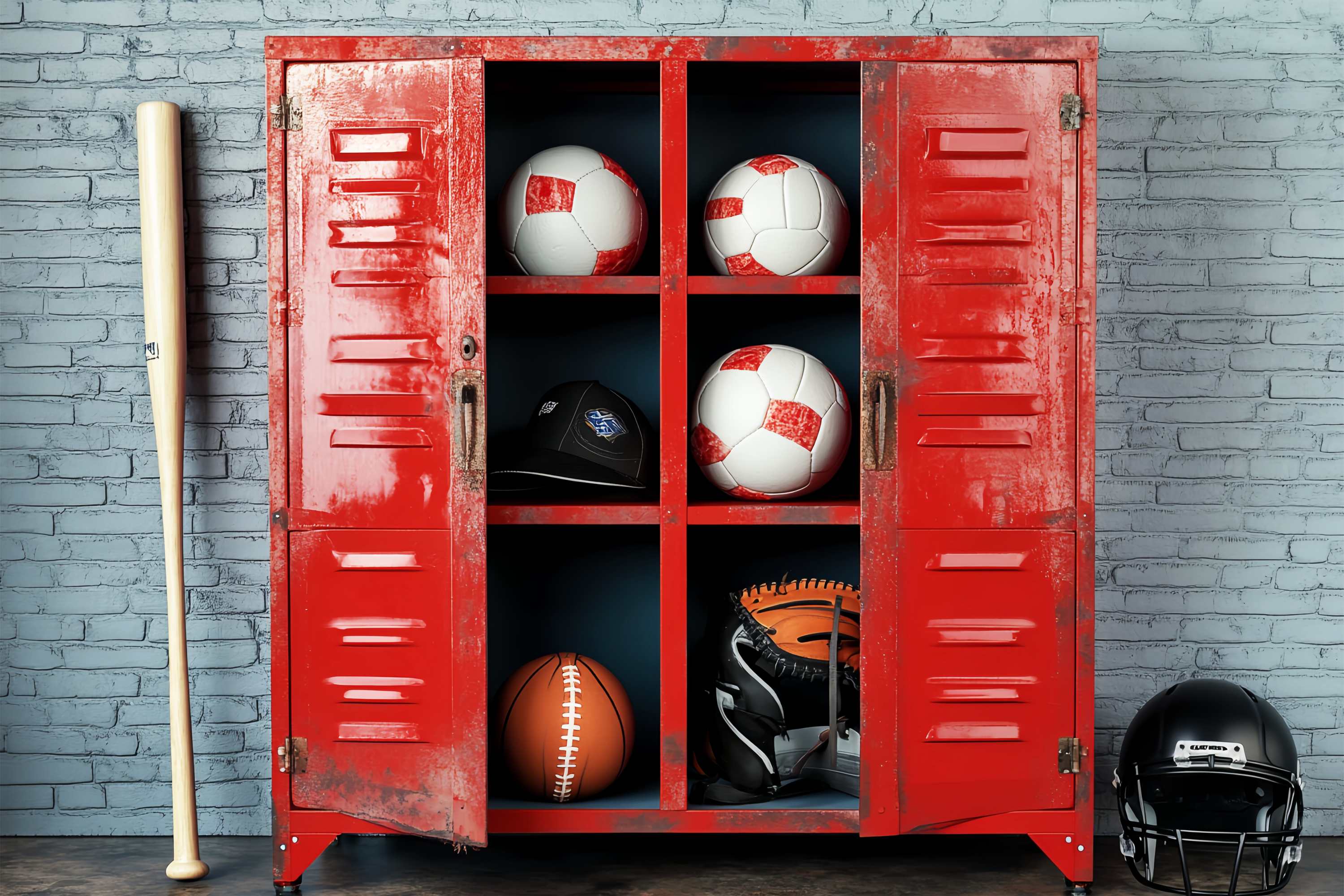 School Locker Backdrop Red Locker Filled Sports Equipment School Picture Backdrop LXX58-113
