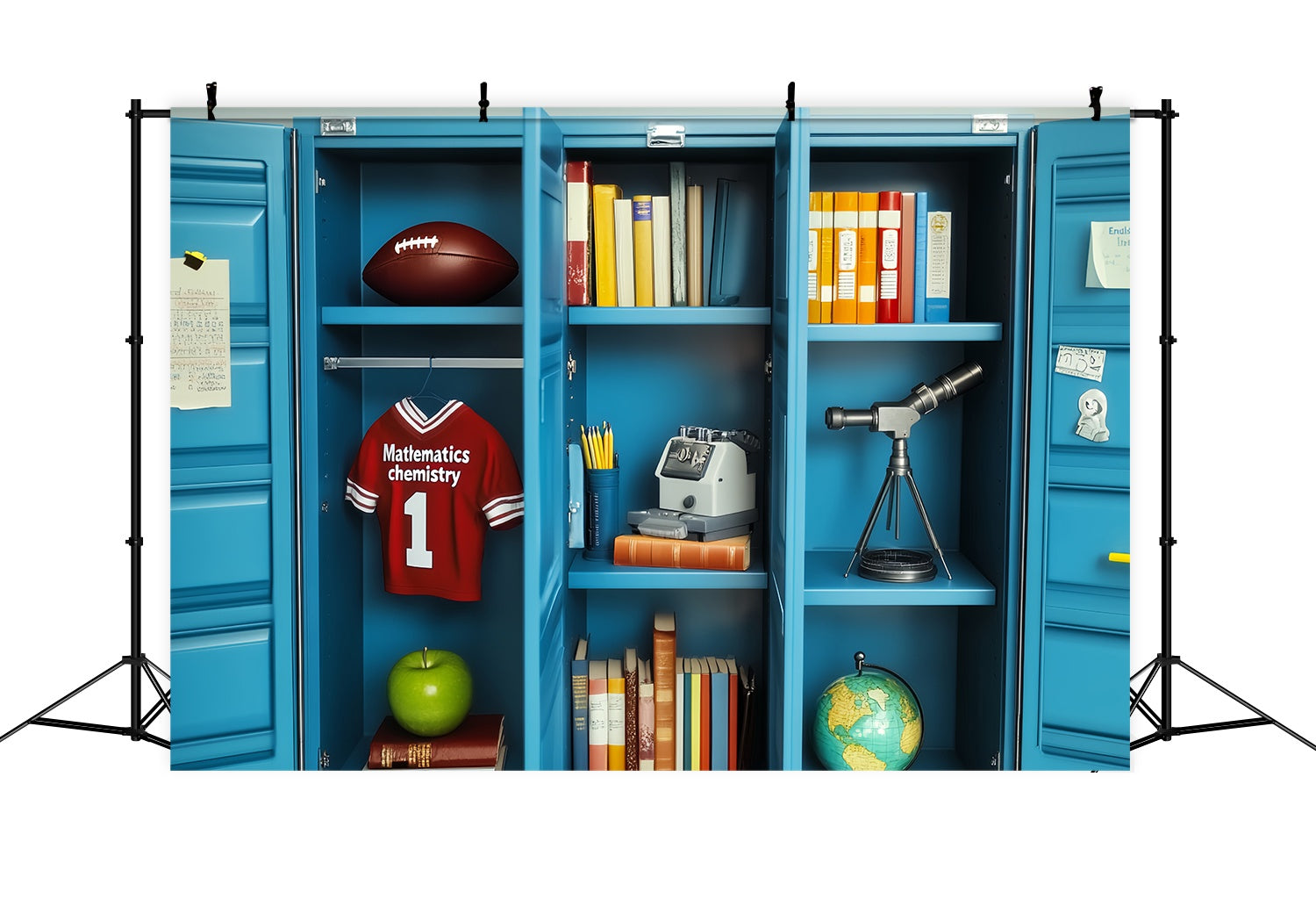 School Locker Backdrop Blue Locker Filled School Supplies Back To School Photography Backdrops LXX58-114