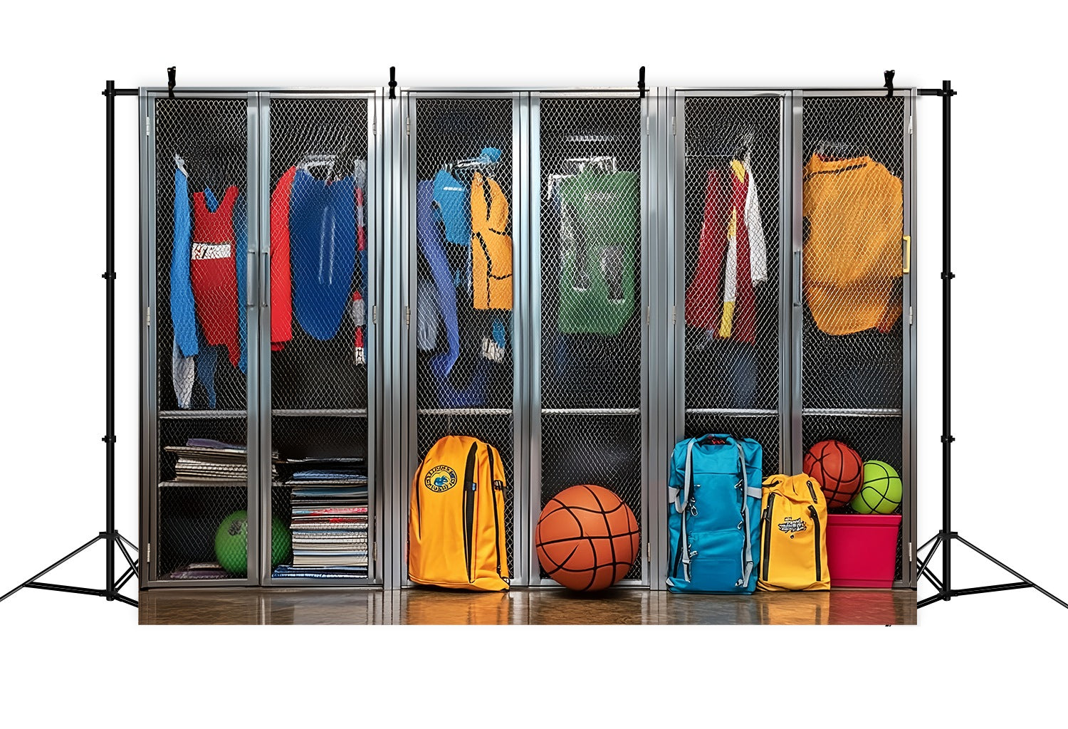 School Locker Backdrop Colorful Sports Lockers Backpacks Back To School Photo Backdrop LXX58-119