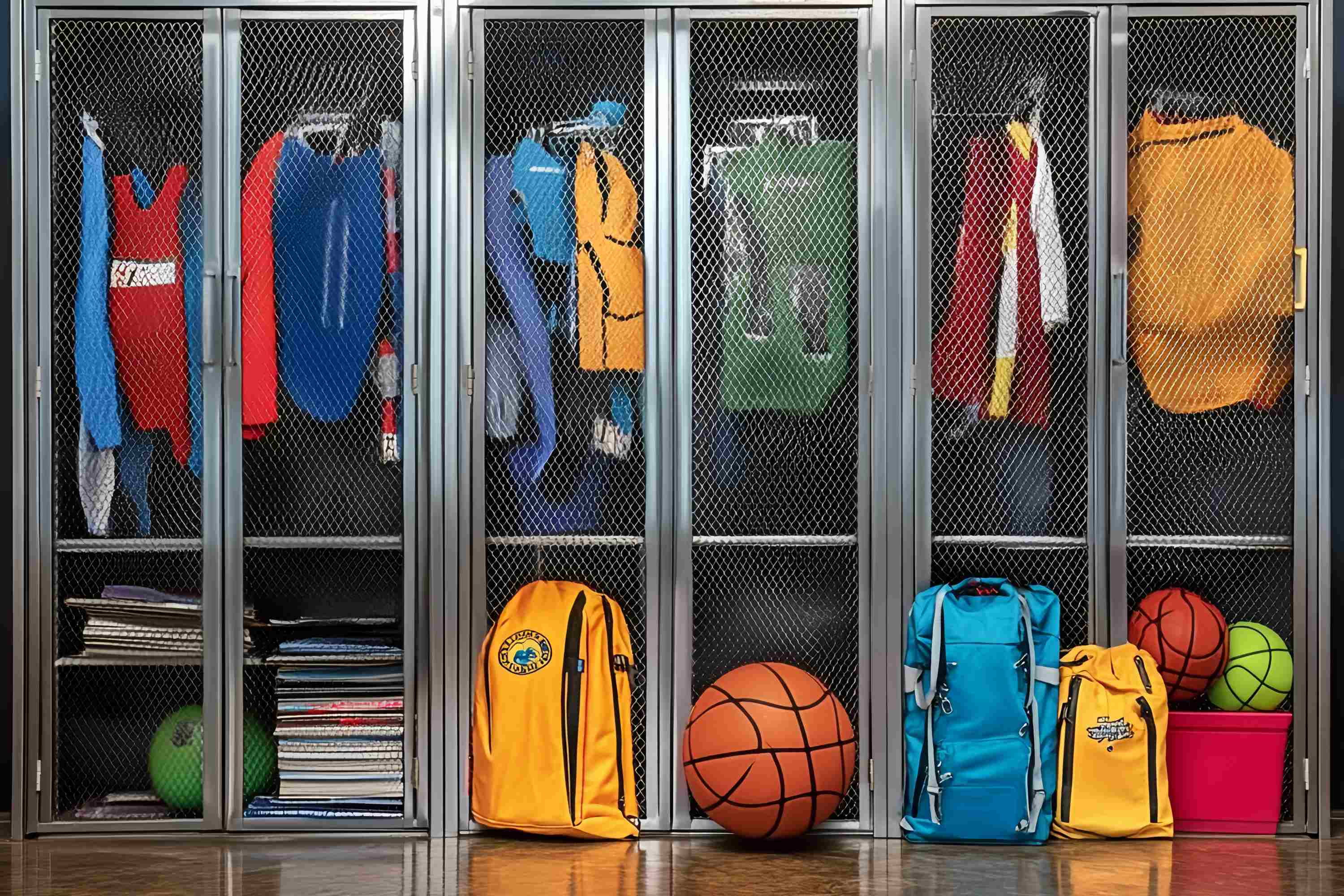 School Locker Backdrop Colorful Sports Lockers Backpacks Back To School Photo Backdrop LXX58-119