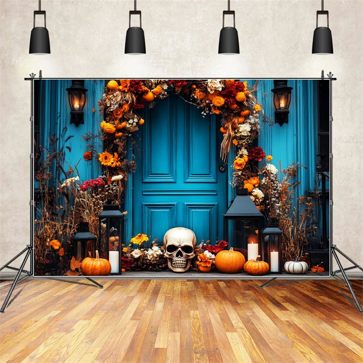 Halloween Photography Backdrop Skull Floral Porch Backdrop LXX58-12