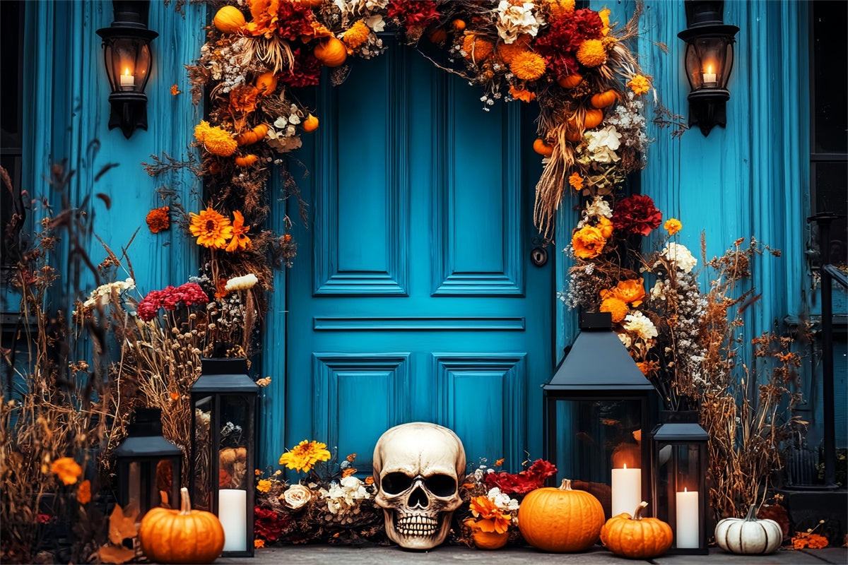 Halloween Photography Backdrop Skull Floral Porch Backdrop LXX58-12