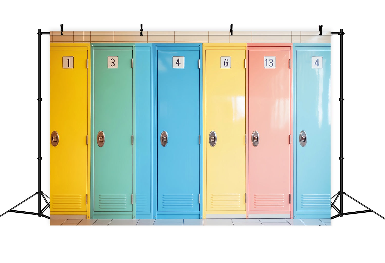 School Locker Backdrop Pastel Numbered School Lockers Row Back To School Photography Backdrops LXX58-120