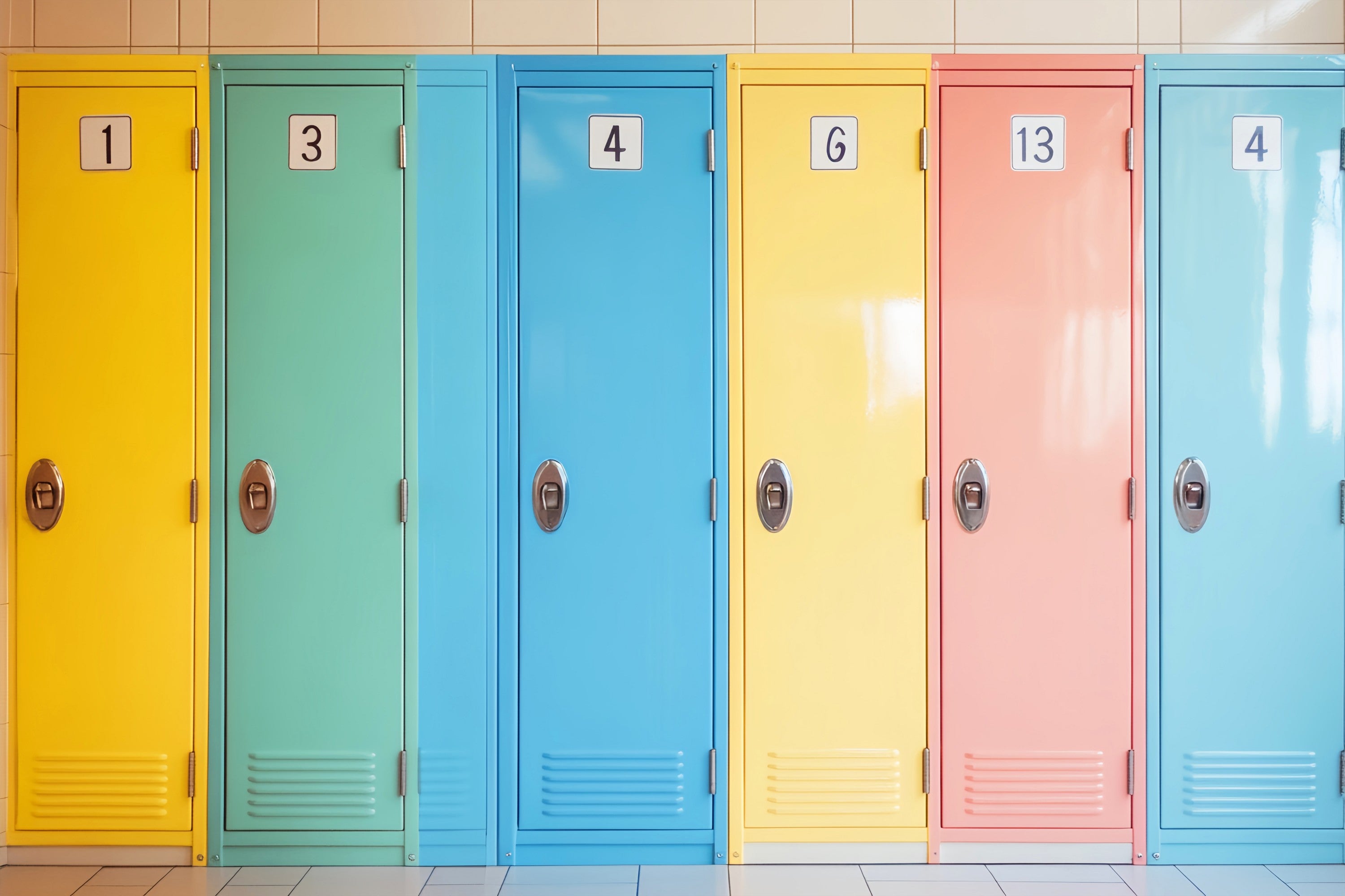 School Locker Backdrop Pastel Numbered School Lockers Row Back To School Photography Backdrops LXX58-120