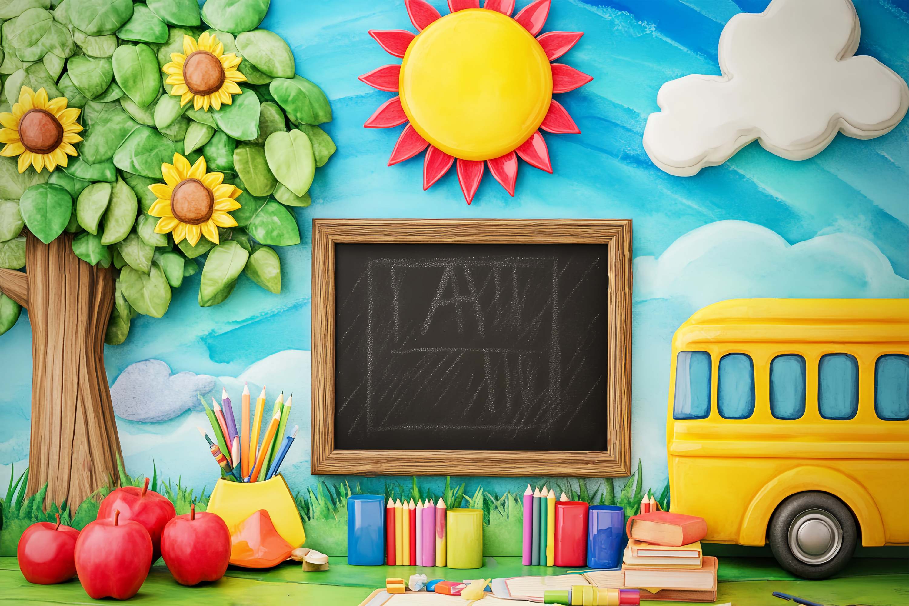 Preschool Backdrop Playful Blackboard Tree Bus Back To School Backdrop LXX58-121