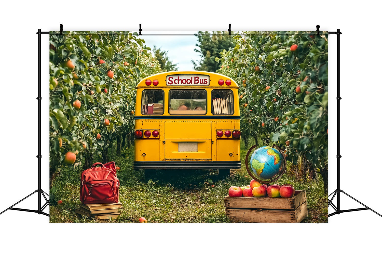 School Bus Backdrop Yellow School Bus Orchard Apples Globe Back To School Backdrop LXX58-126