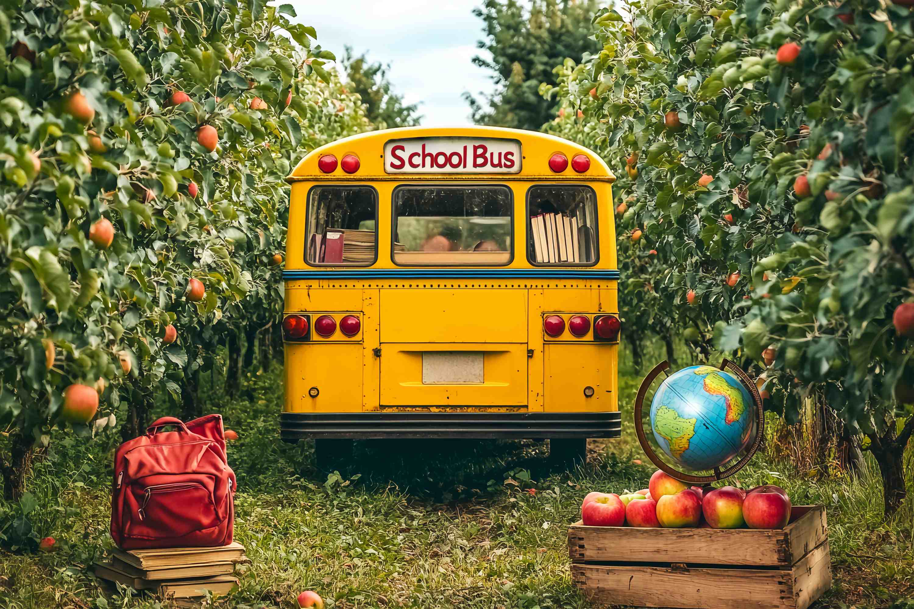 School Bus Backdrop Yellow School Bus Orchard Apples Globe Back To School Backdrop LXX58-126