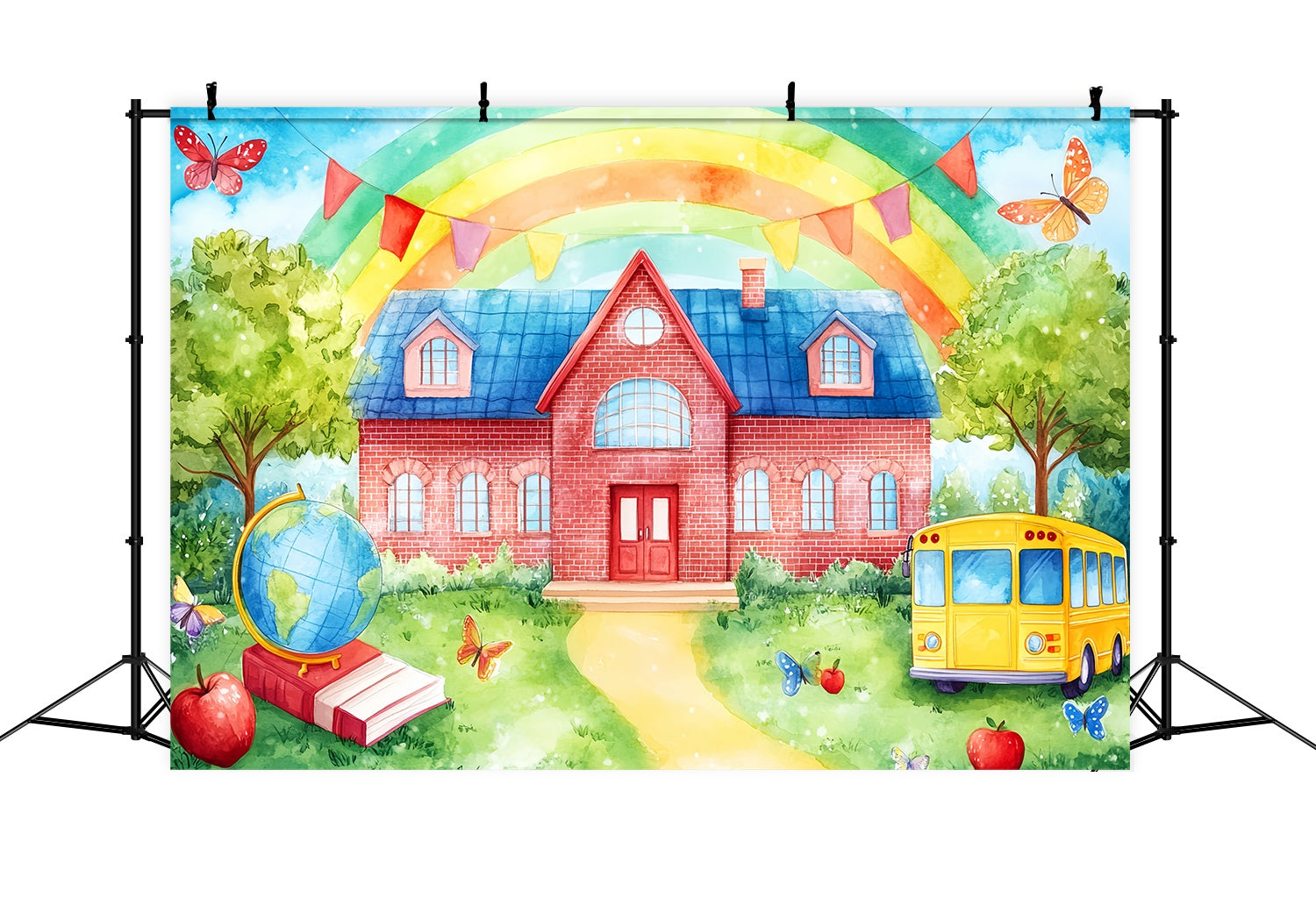 Preschool Photo Backdrops Rainbow Brick Schoolyard Bus Illustration Back To School Backdrop Ideas LXX58-127