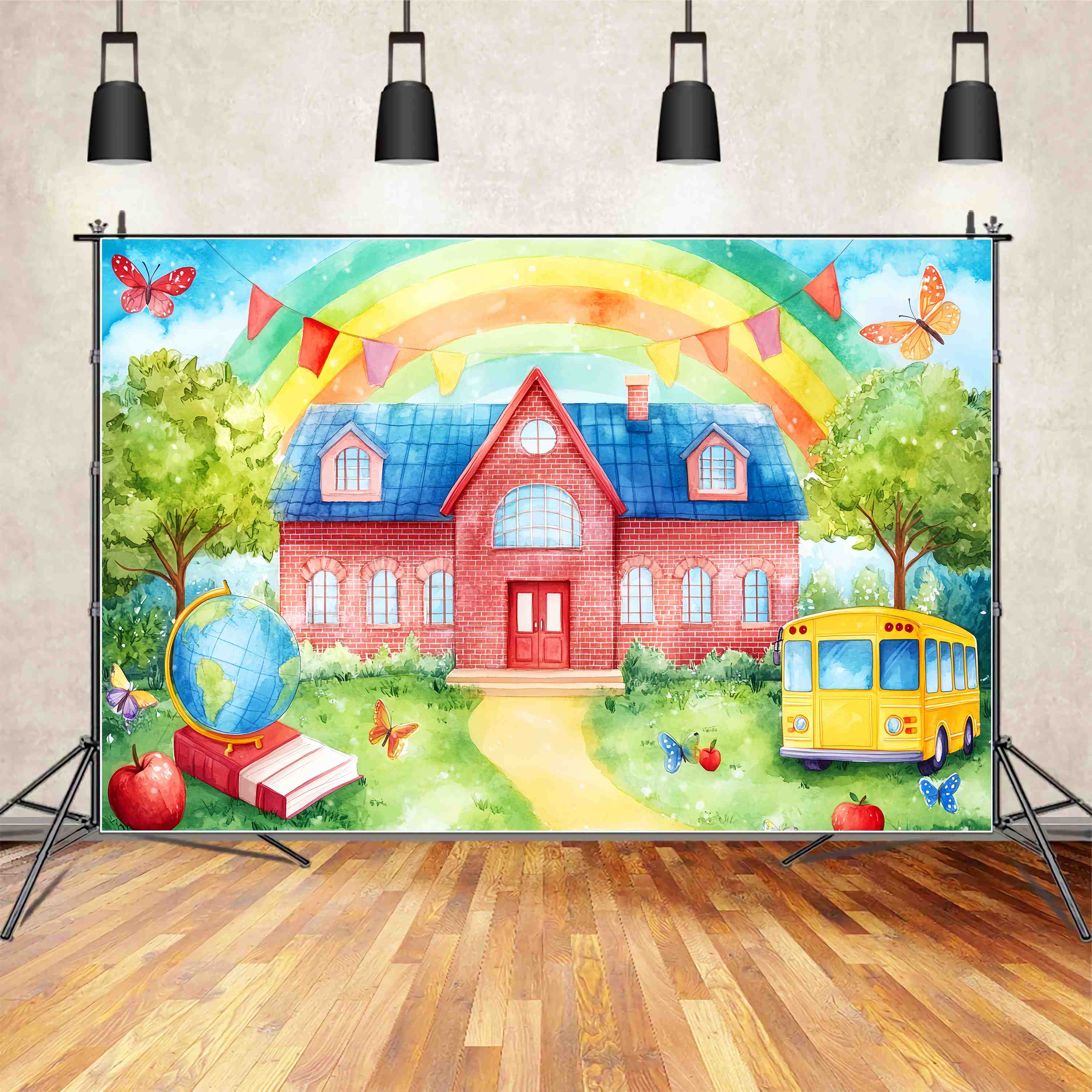Preschool Photo Backdrops Rainbow Brick Schoolyard Bus Illustration Back To School Backdrop Ideas LXX58-127