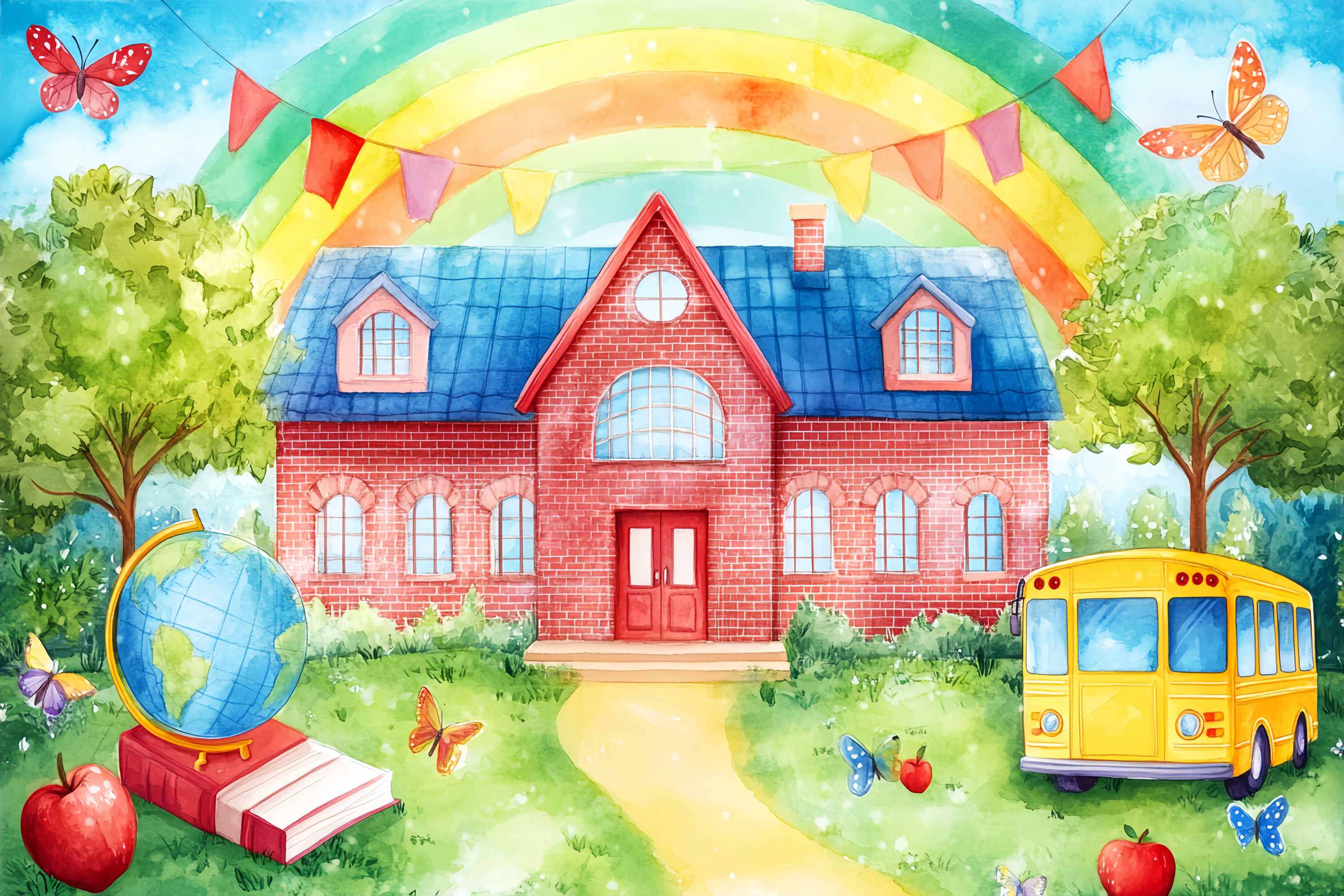Preschool Photo Backdrops Rainbow Brick Schoolyard Bus Illustration Back To School Backdrop Ideas LXX58-127