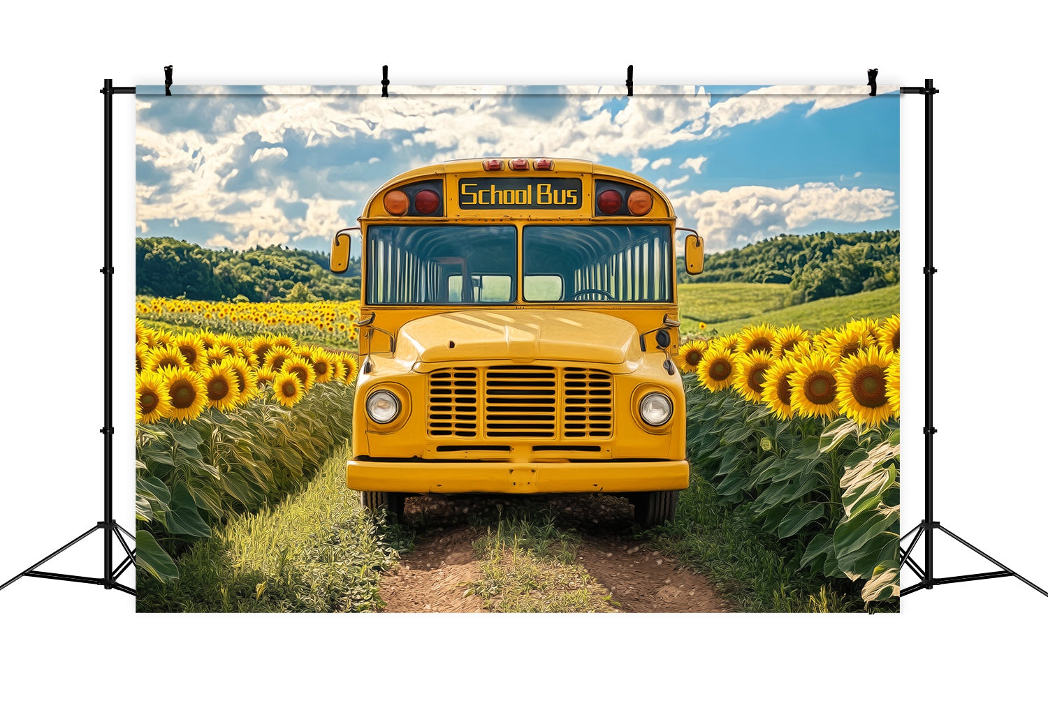 School Bus Backdrop Sunflower Field Vintage School Bus School Picture Backdrop LXX58-128