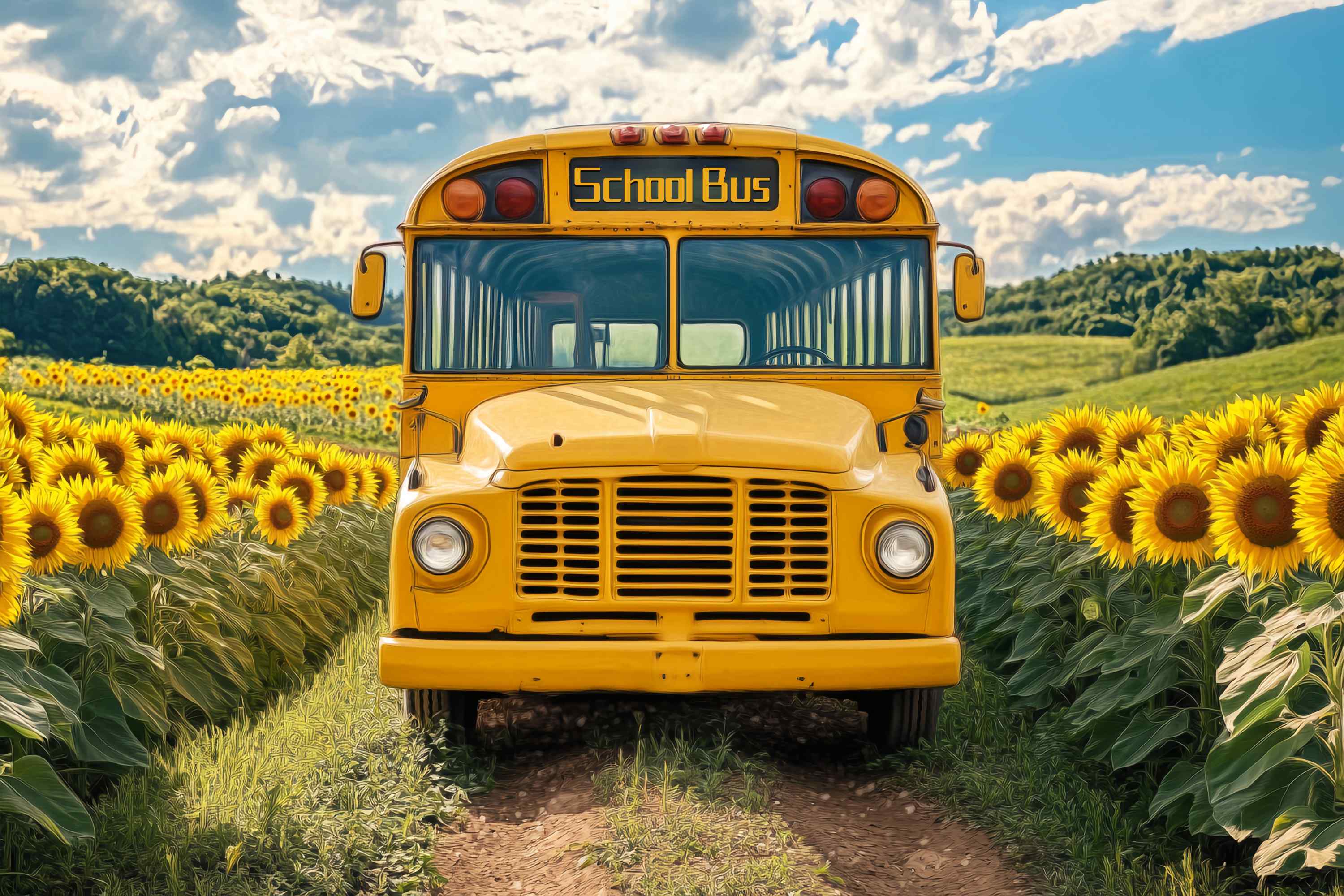 School Bus Backdrop Sunflower Field Vintage School Bus School Picture Backdrop LXX58-128