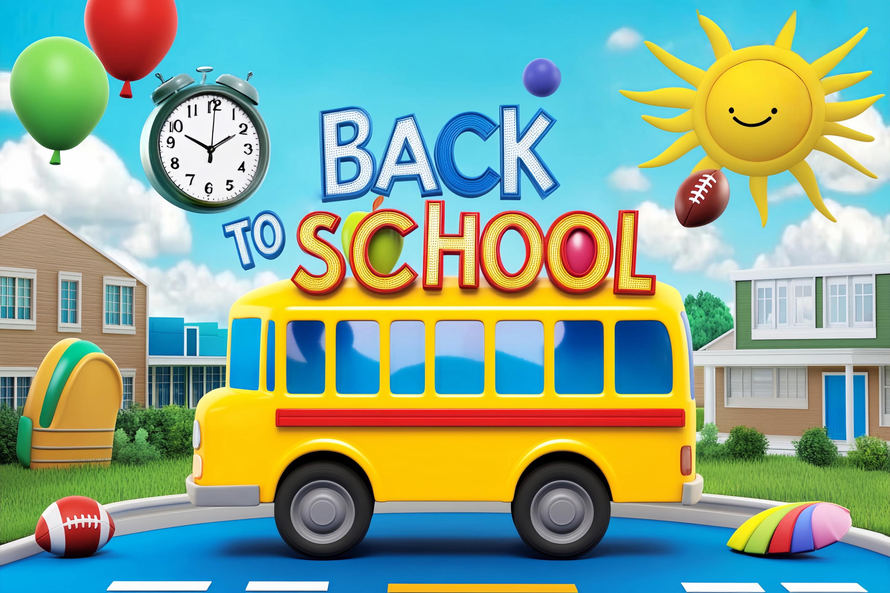 School Bus Backdrop Playful Cartoon School Bus Yard Back To School Photo Backdrop LXX58-129