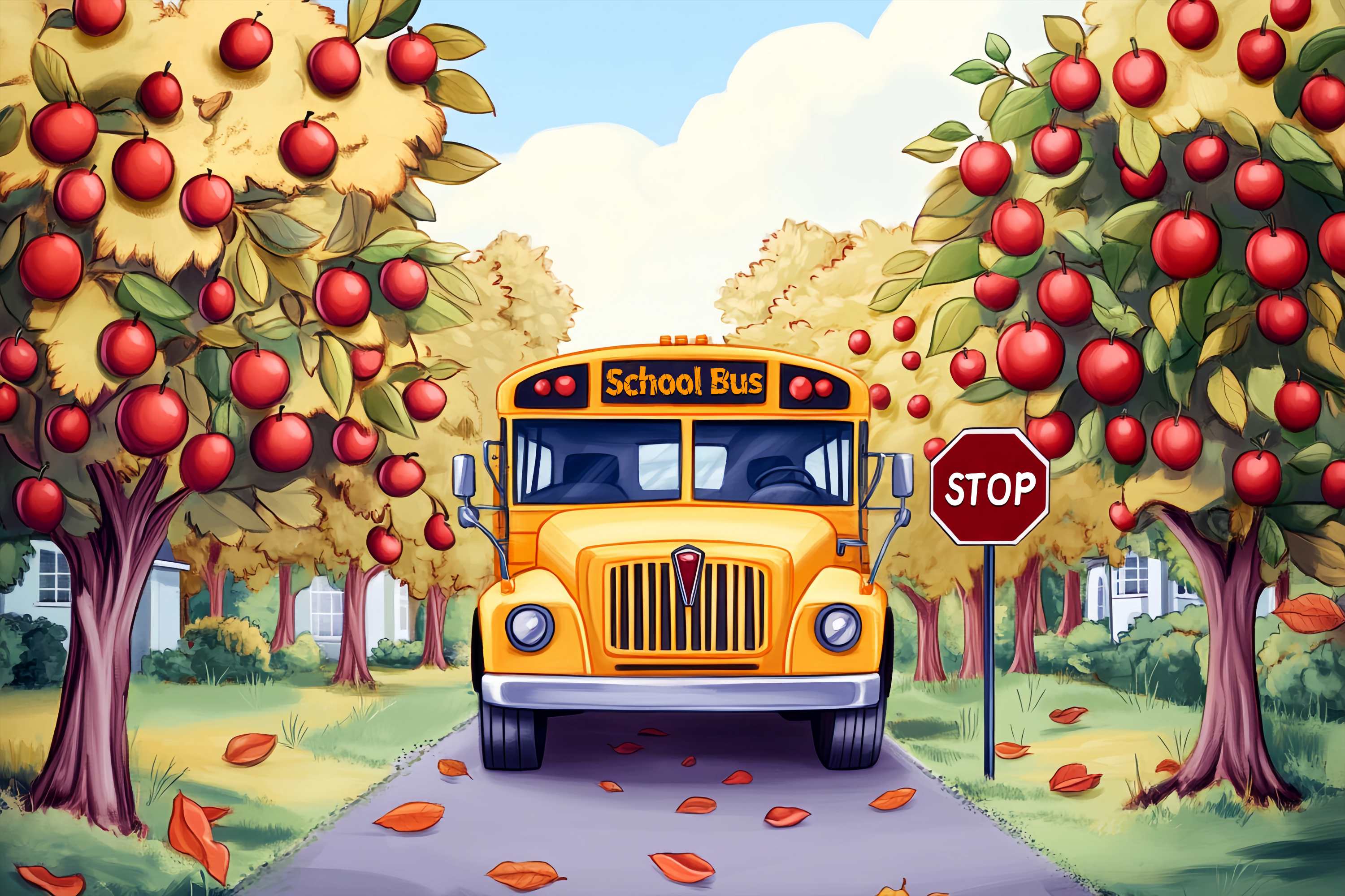School Bus Backdrop Apple Orchard Autumn School Bus Back To School Backdrops LXX58-130