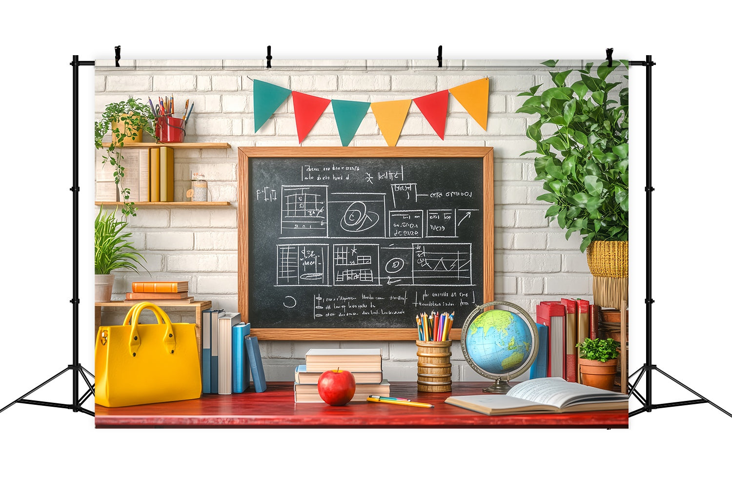 Back To School Chalkboard Backdrop Classroom Blackboard Books Globe Potted Plants Back To School Photo Backdrop LXX58-133