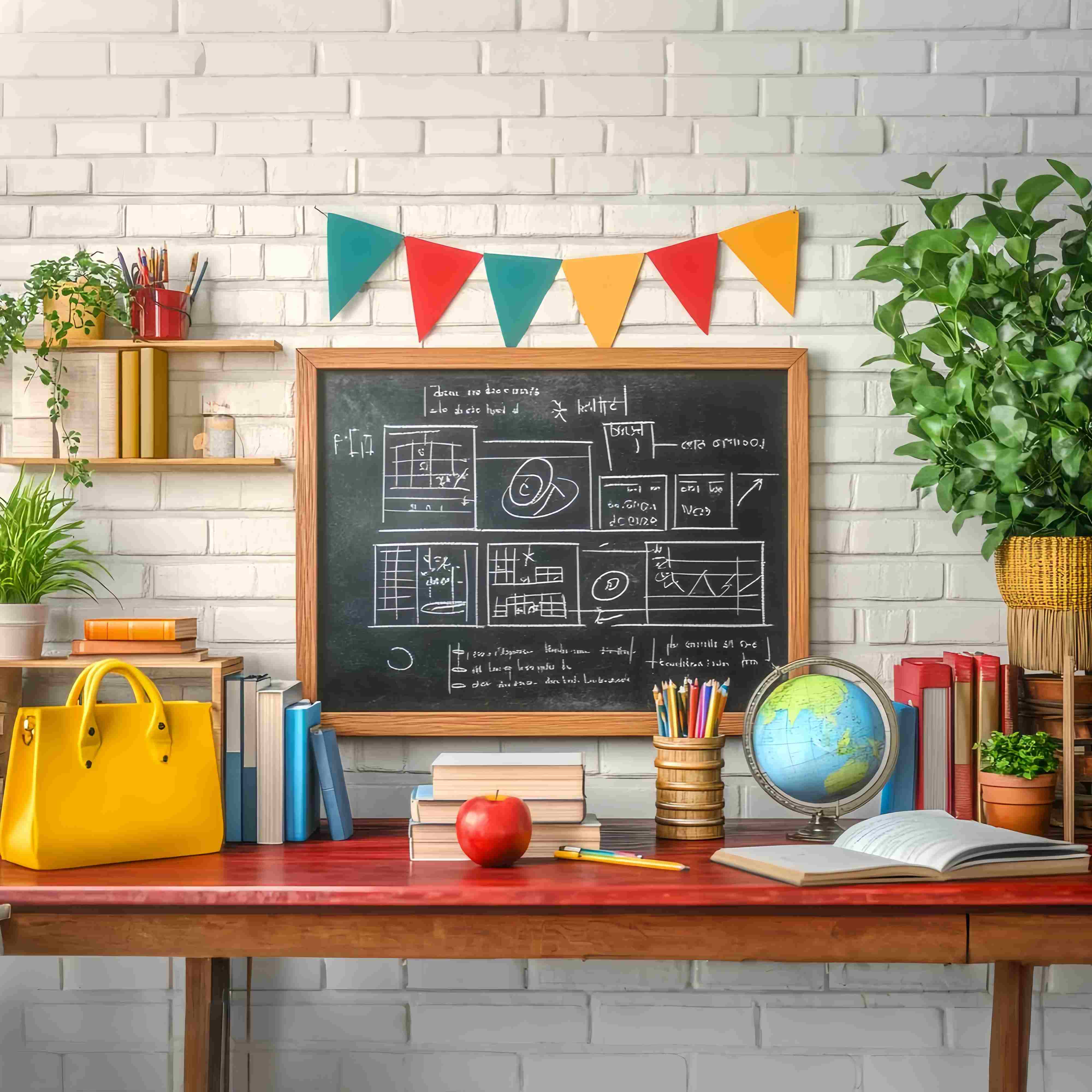 Back To School Chalkboard Backdrop Classroom Blackboard Books Globe Potted Plants Back To School Photo Backdrop LXX58-133