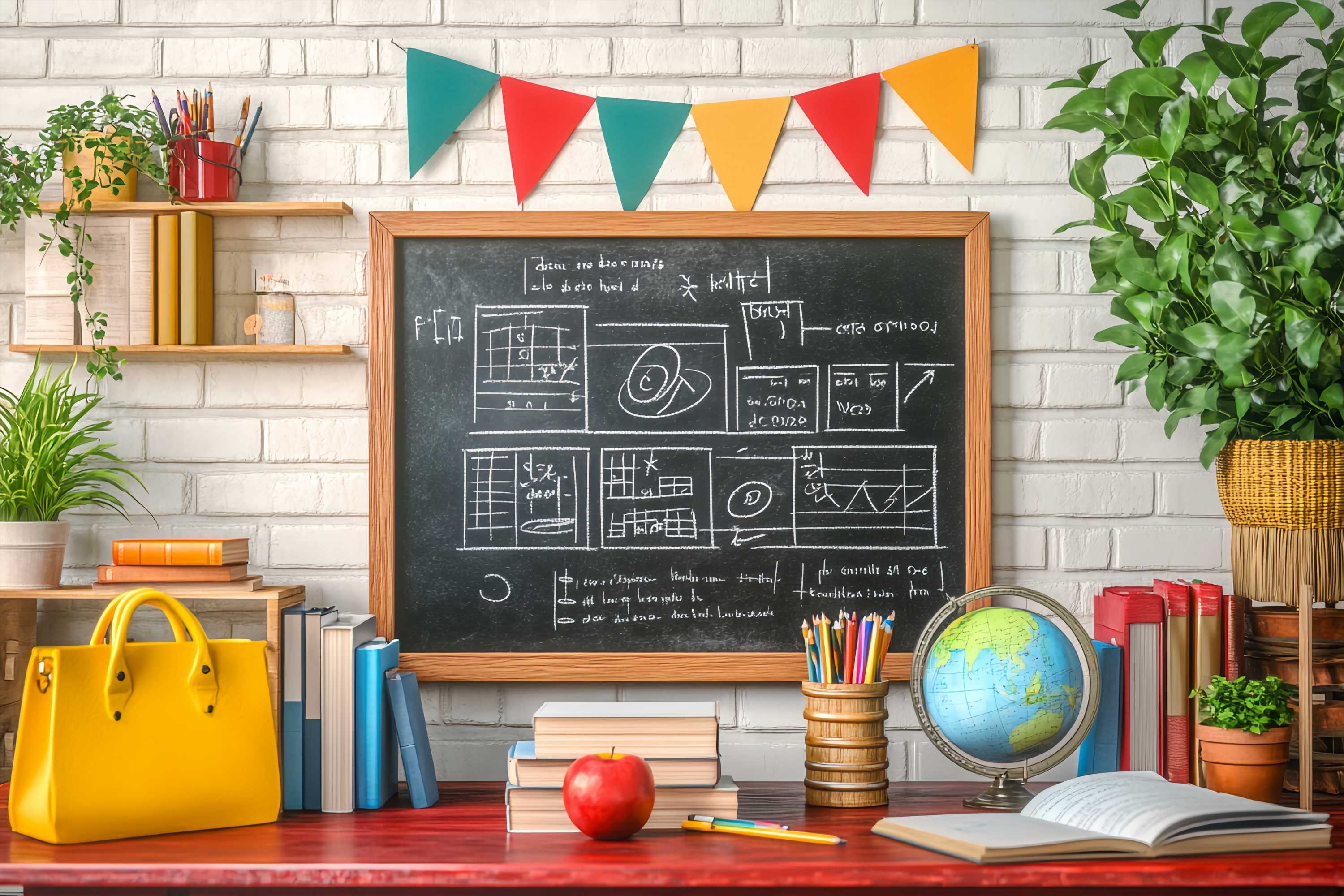 Back To School Chalkboard Backdrop Classroom Blackboard Books Globe Potted Plants Back To School Photo Backdrop LXX58-133