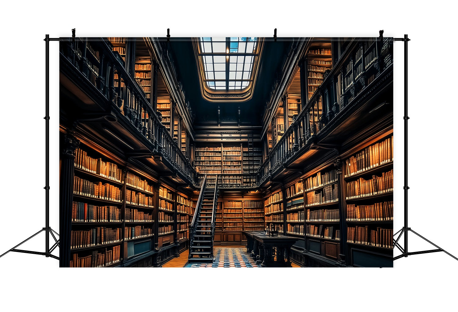 School Hallway Backdrop Grand Library Wooden Bookshelves Ladder Back To School Photography Backdrops LXX58-135