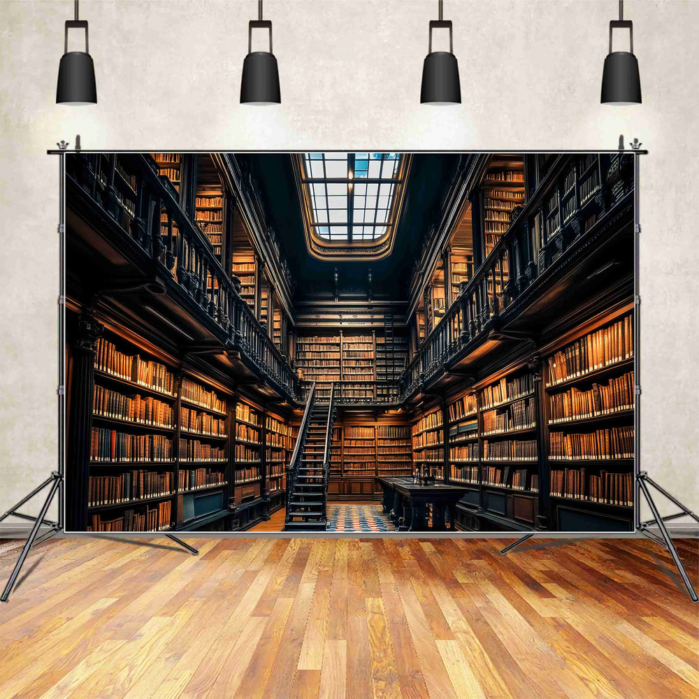 School Hallway Backdrop Grand Library Wooden Bookshelves Ladder Back T