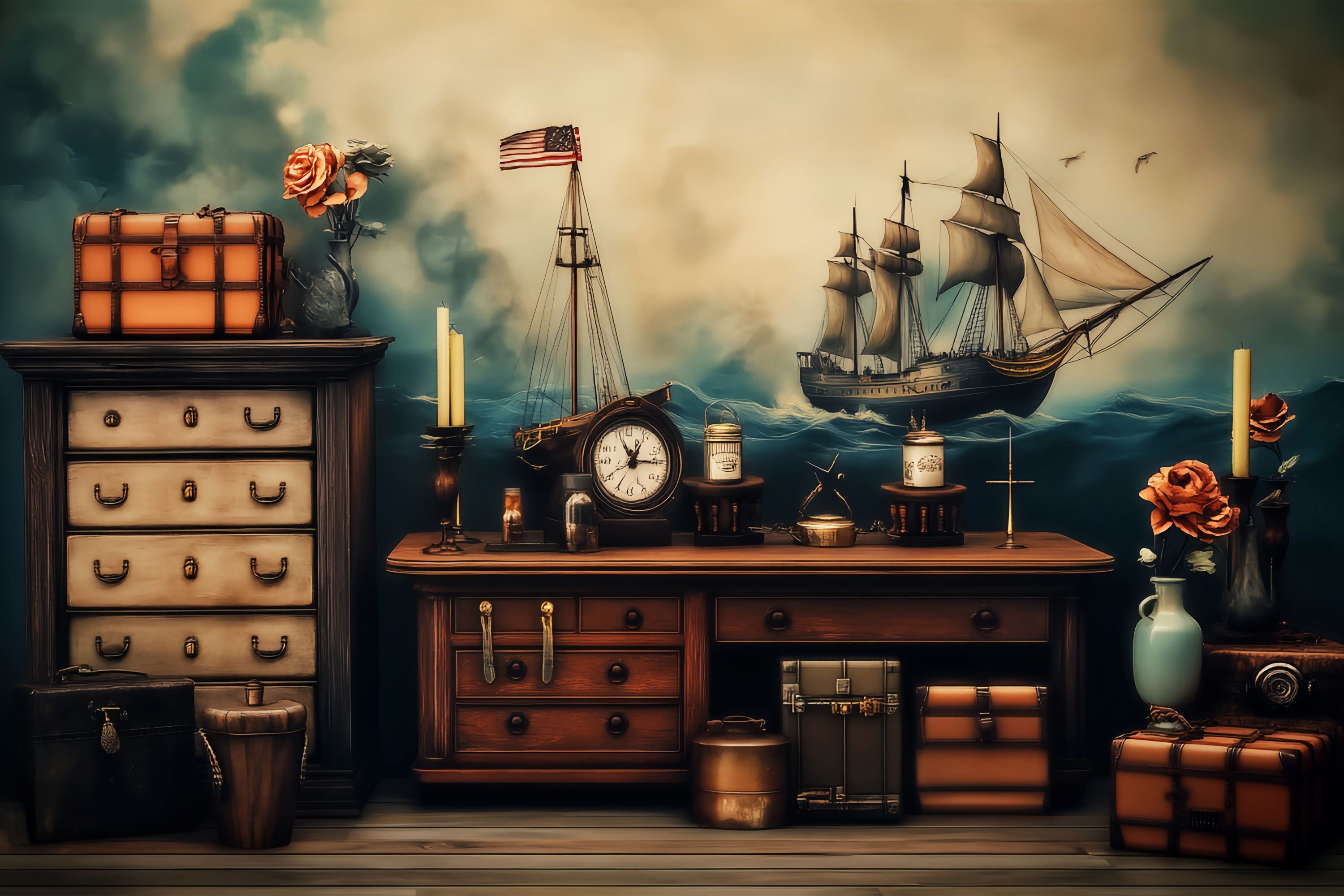 School Locker Backdrop Vintage Nautical Desk Sailing Ship Decor Back To School Backdrop Ideas LXX58-136