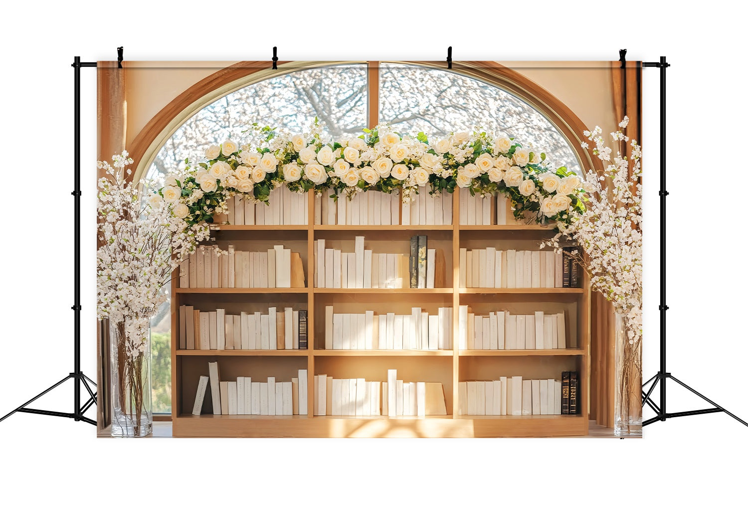 Back To School Backdrops Elegant Bookshelf White Roses Arrangement Bookshelf Backdrop LXX58-137