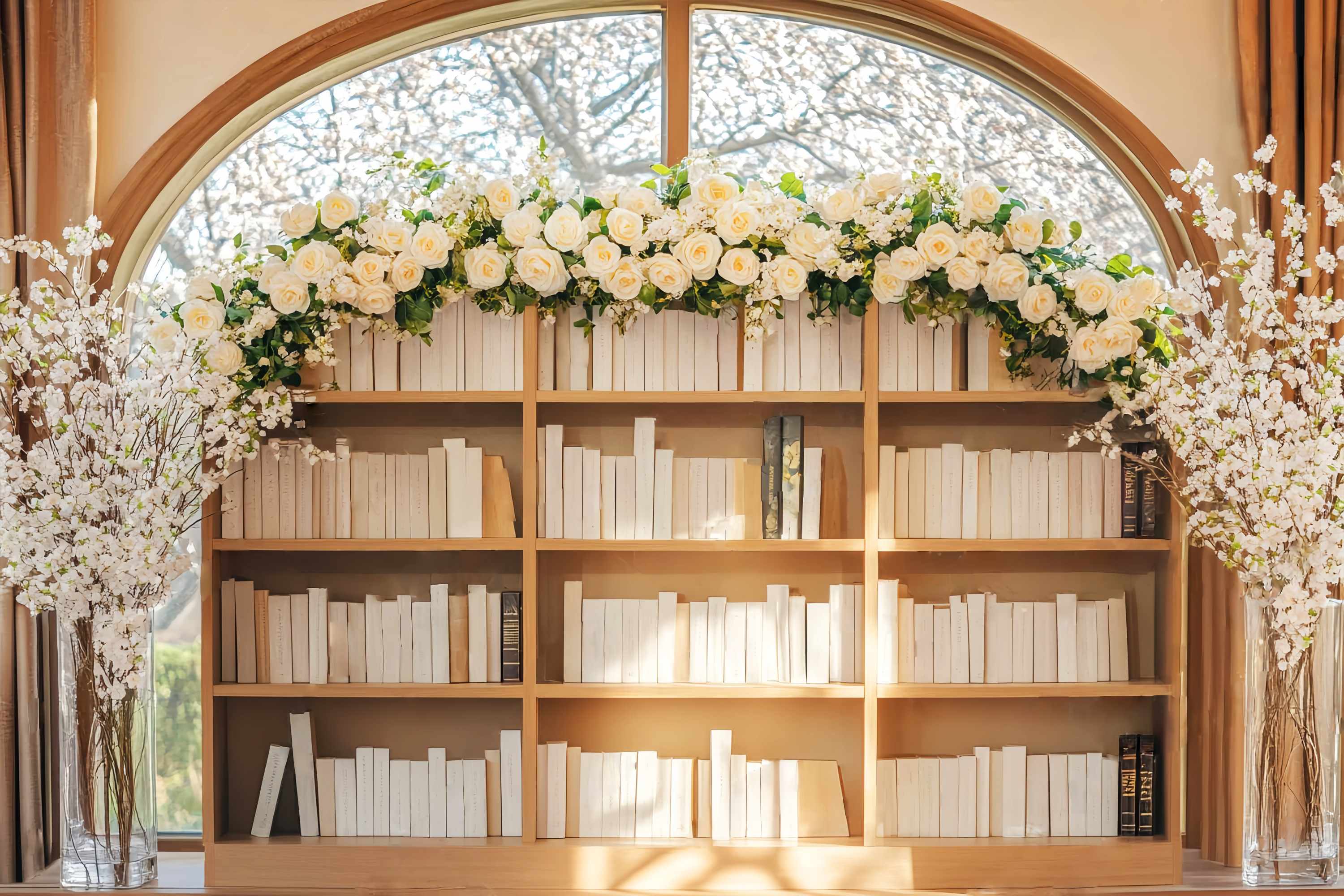 Back To School Backdrops Elegant Bookshelf White Roses Arrangement Bookshelf Backdrop LXX58-137