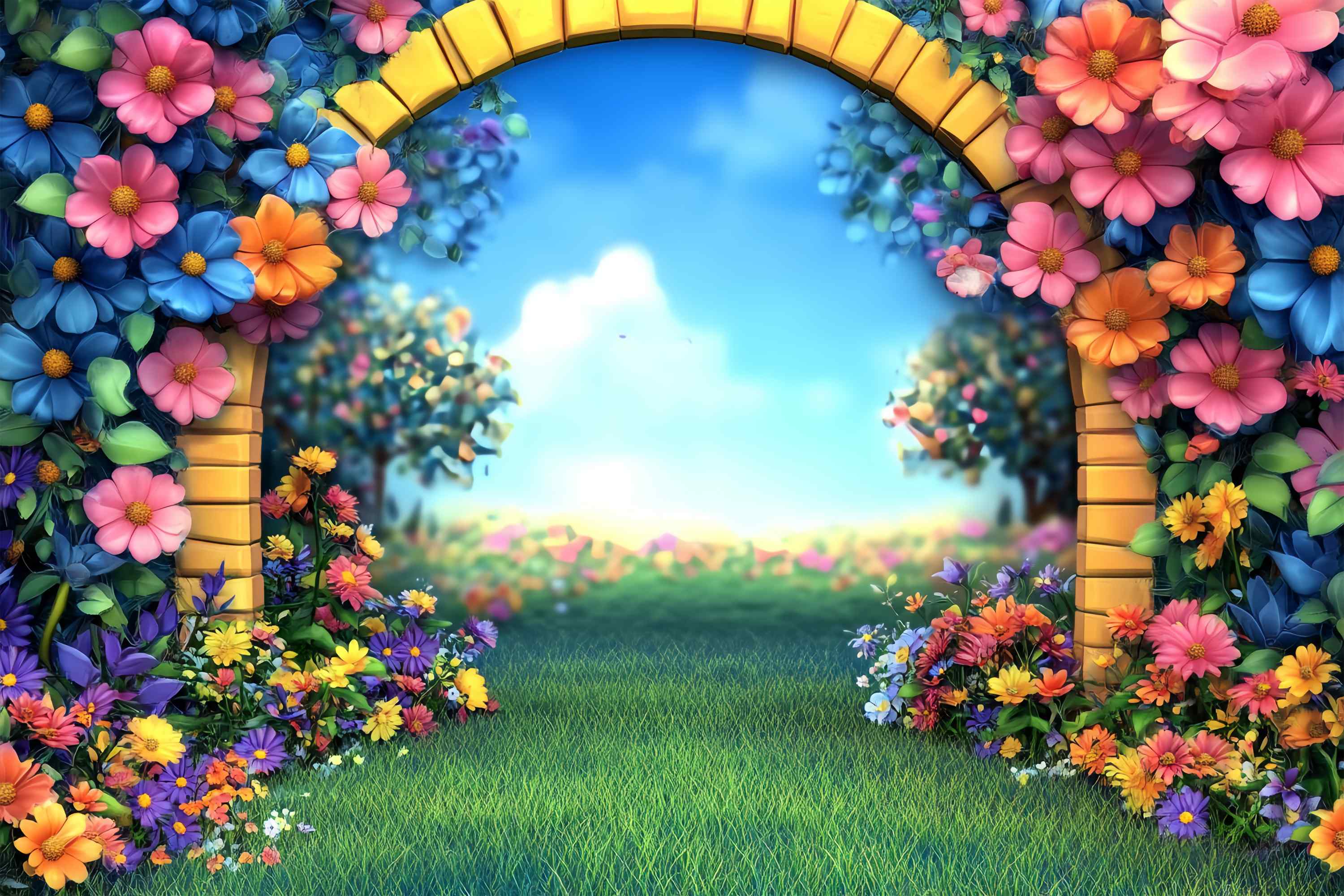 Preschool Backdrop Cartoon Garden Arch Colorful Flowers Back To School Backdrops LXX58-138