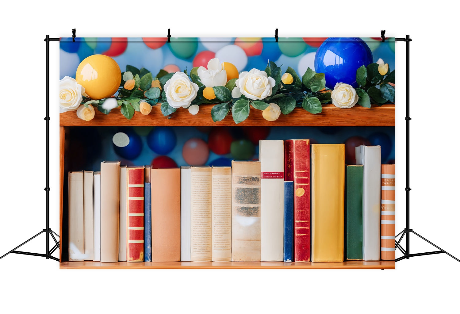 Preschool Backdrop Colorful Balloon Garland Bookshelf Back To School Photo Backdrop LXX58-139