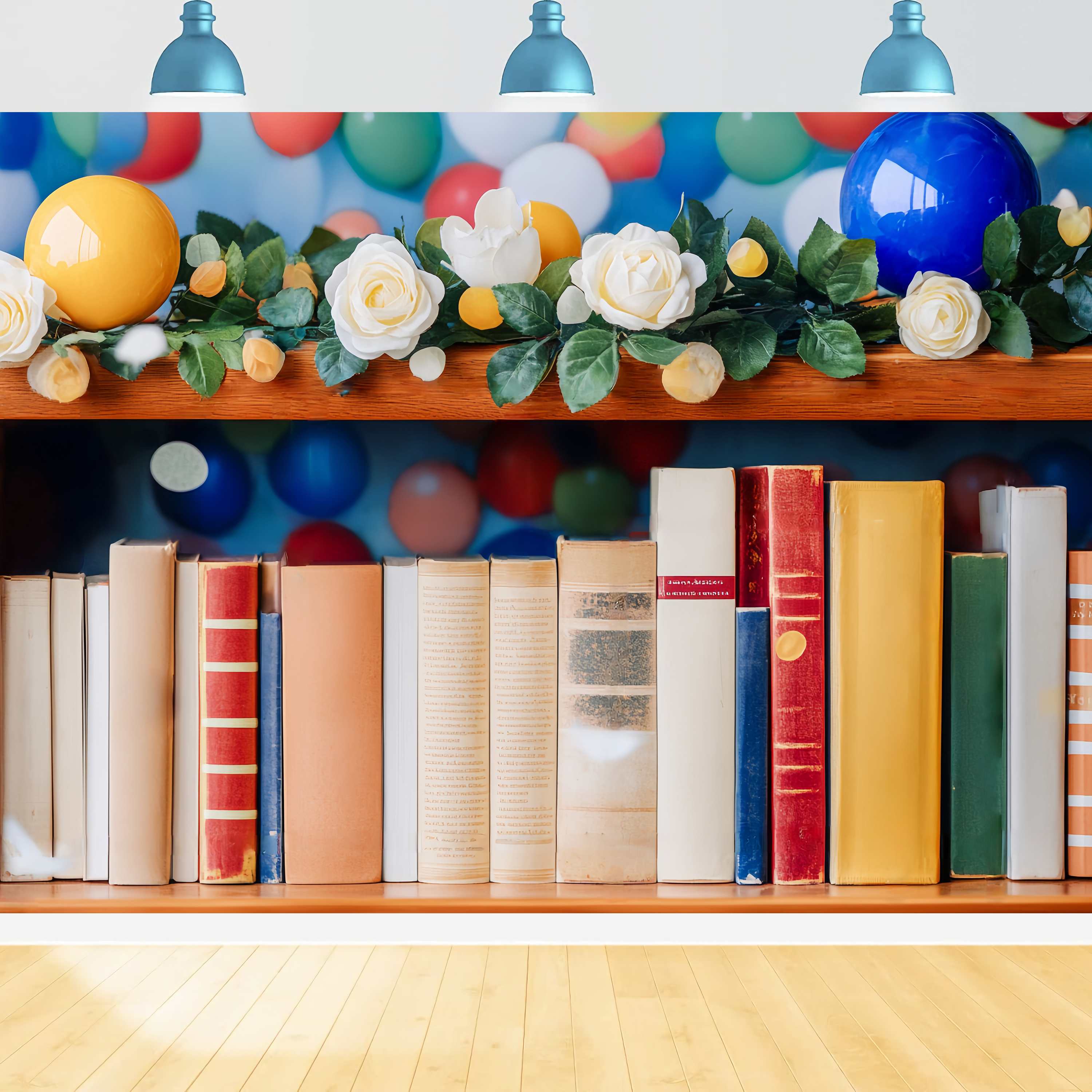 Preschool Backdrop Colorful Balloon Garland Bookshelf Back To School Photo Backdrop LXX58-139