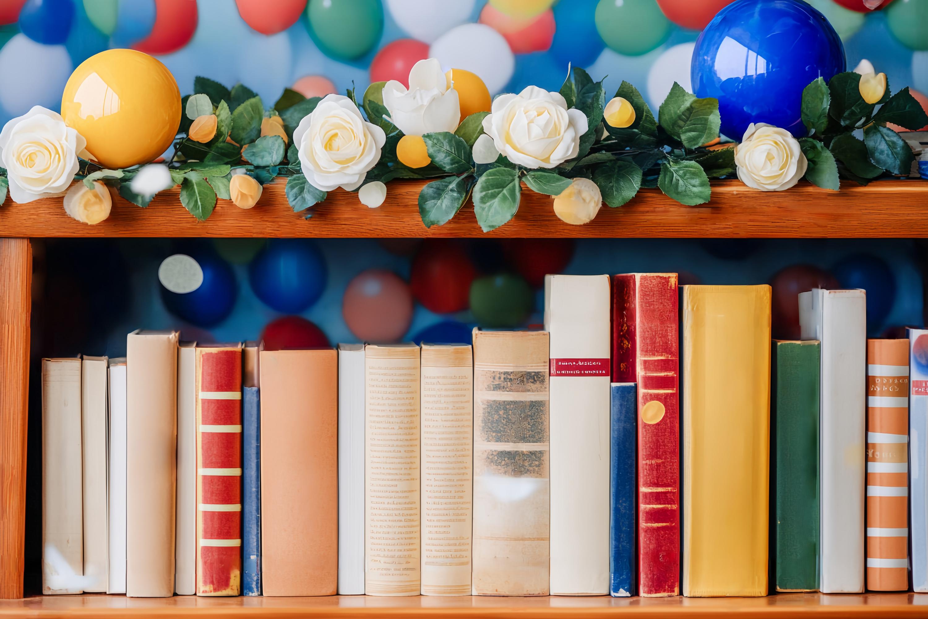 Preschool Backdrop Colorful Balloon Garland Bookshelf Back To School Photo Backdrop LXX58-139