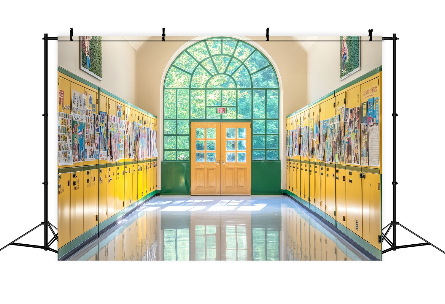 School Hallway Backdrop Yellow Green Locker Hallway Posters Back To School Backdrop LXX58-141