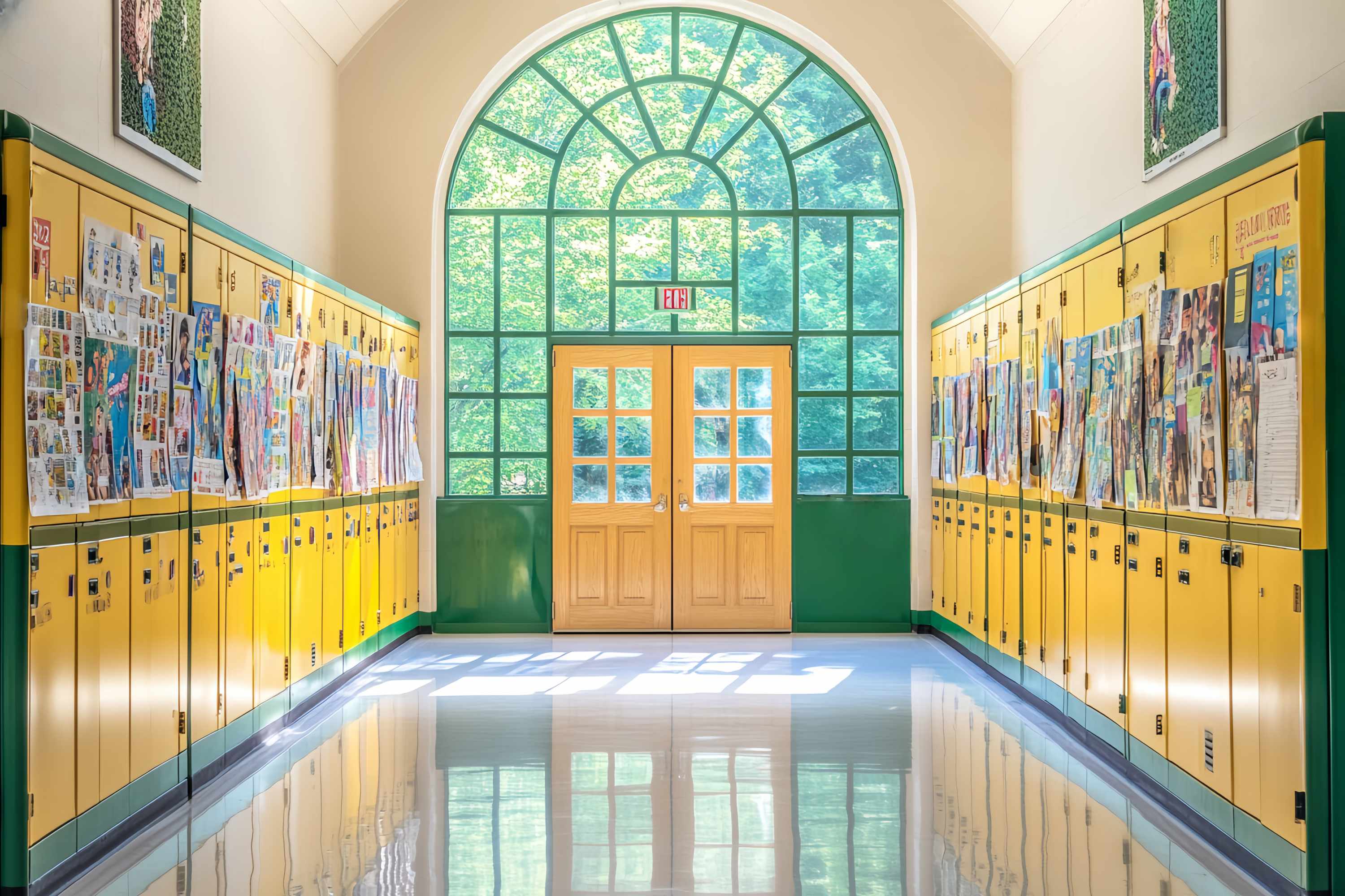 School Hallway Backdrop Yellow Green Locker Hallway Posters Back To School Backdrop LXX58-141
