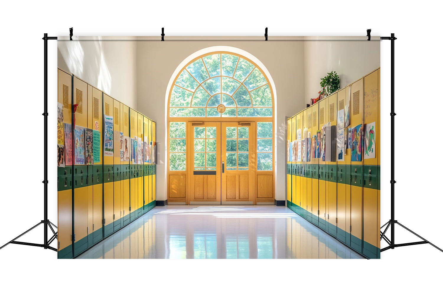School Hallway Backdrop Yellow Green Locker Hallway Artwork Back To School Photo Backdrop LXX58-142
