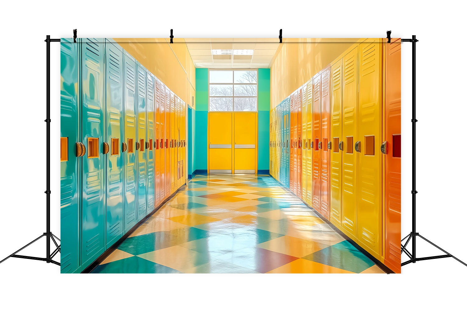 School Hallway Backdrop Vibrant Geometric Locker Corridor Back To School Backdrop LXX58-144