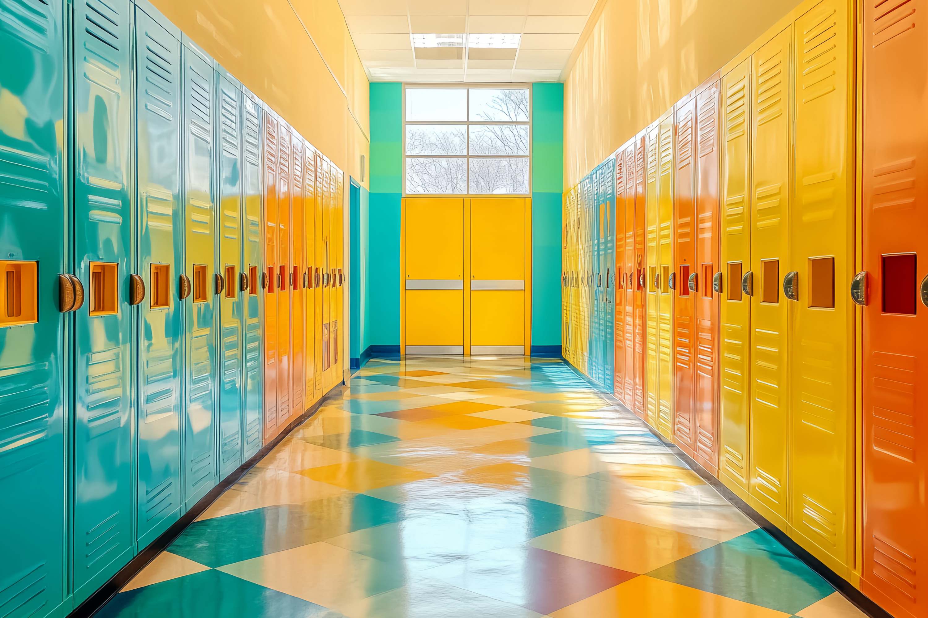 School Hallway Backdrop Vibrant Geometric Locker Corridor Back To School Backdrop LXX58-144