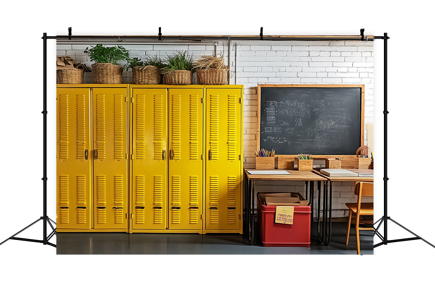 School Classroom Backdrop Yellow Lockers Chalkboard Workspace Back To School Backdrop LXX58-147