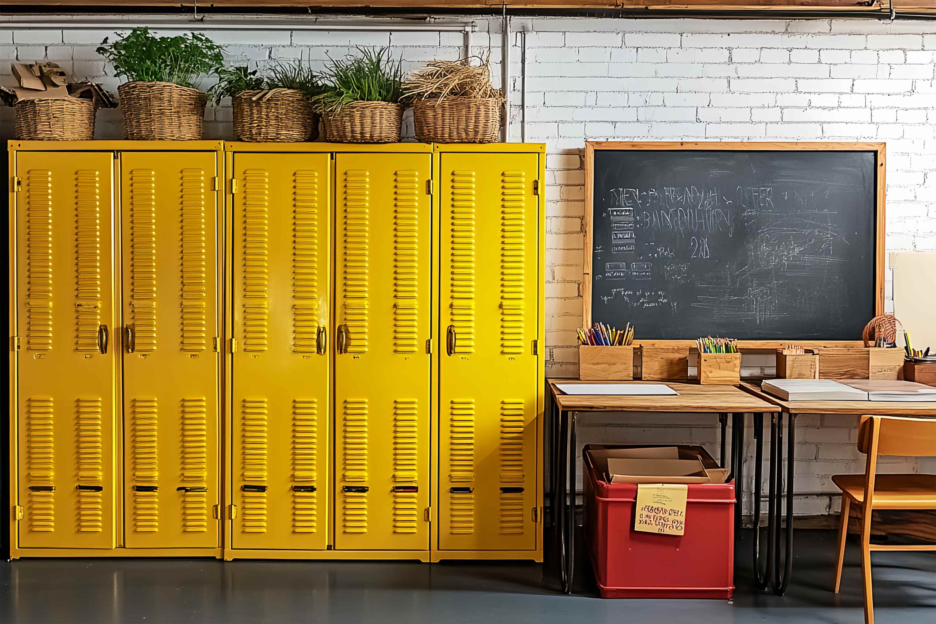 School Classroom Backdrop Yellow Lockers Chalkboard Workspace Back To School Backdrop LXX58-147