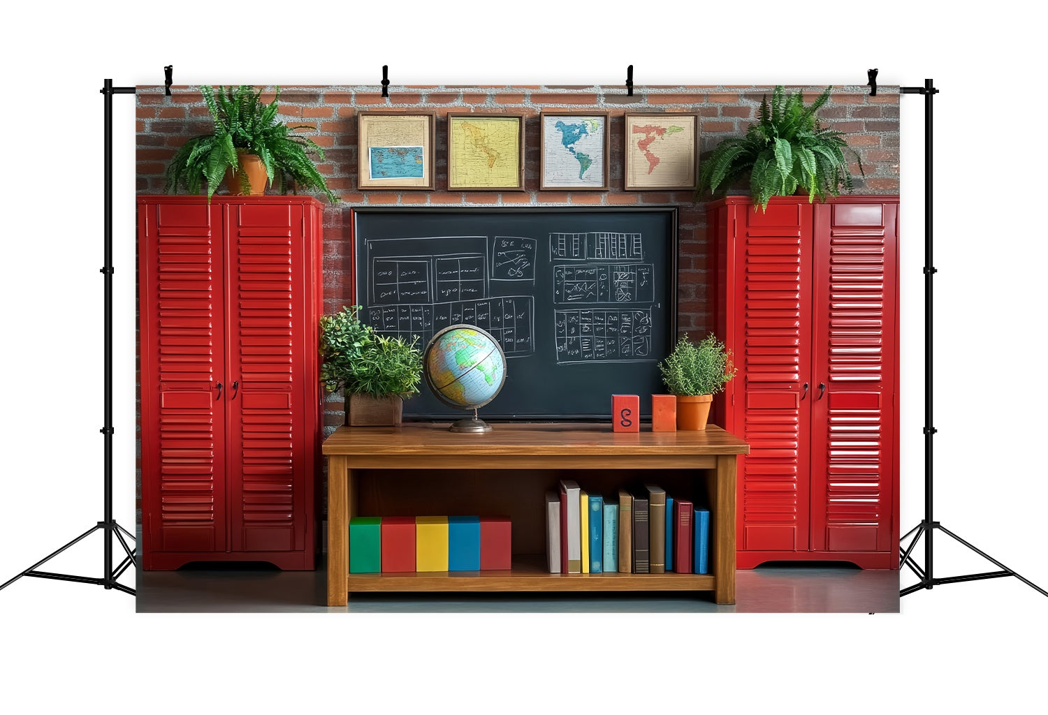 School Classroom Backdrop Red Lockers Globe Study Corner Back To School Backdrop LXX58-148