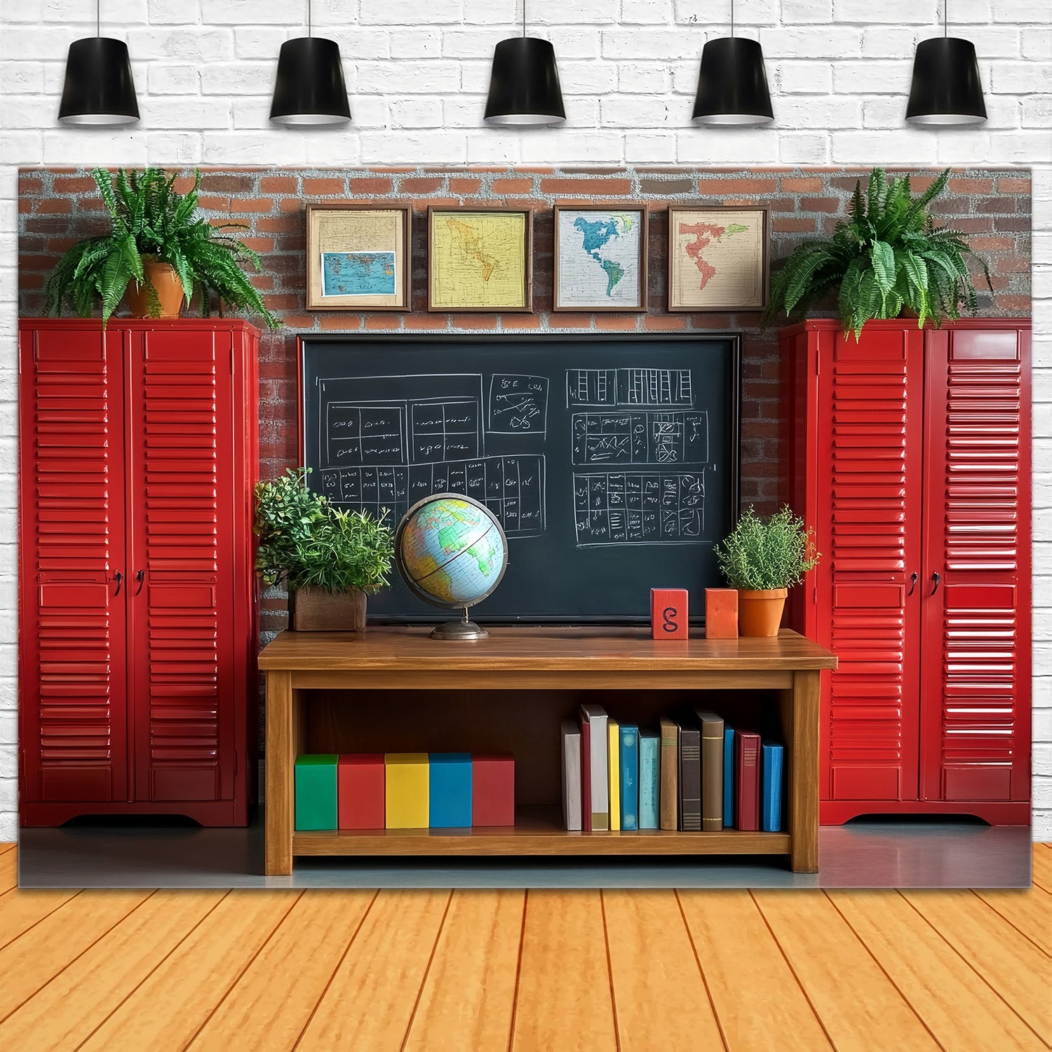 School Classroom Backdrop Red Lockers Globe Study Corner Back To School Backdrop LXX58-148