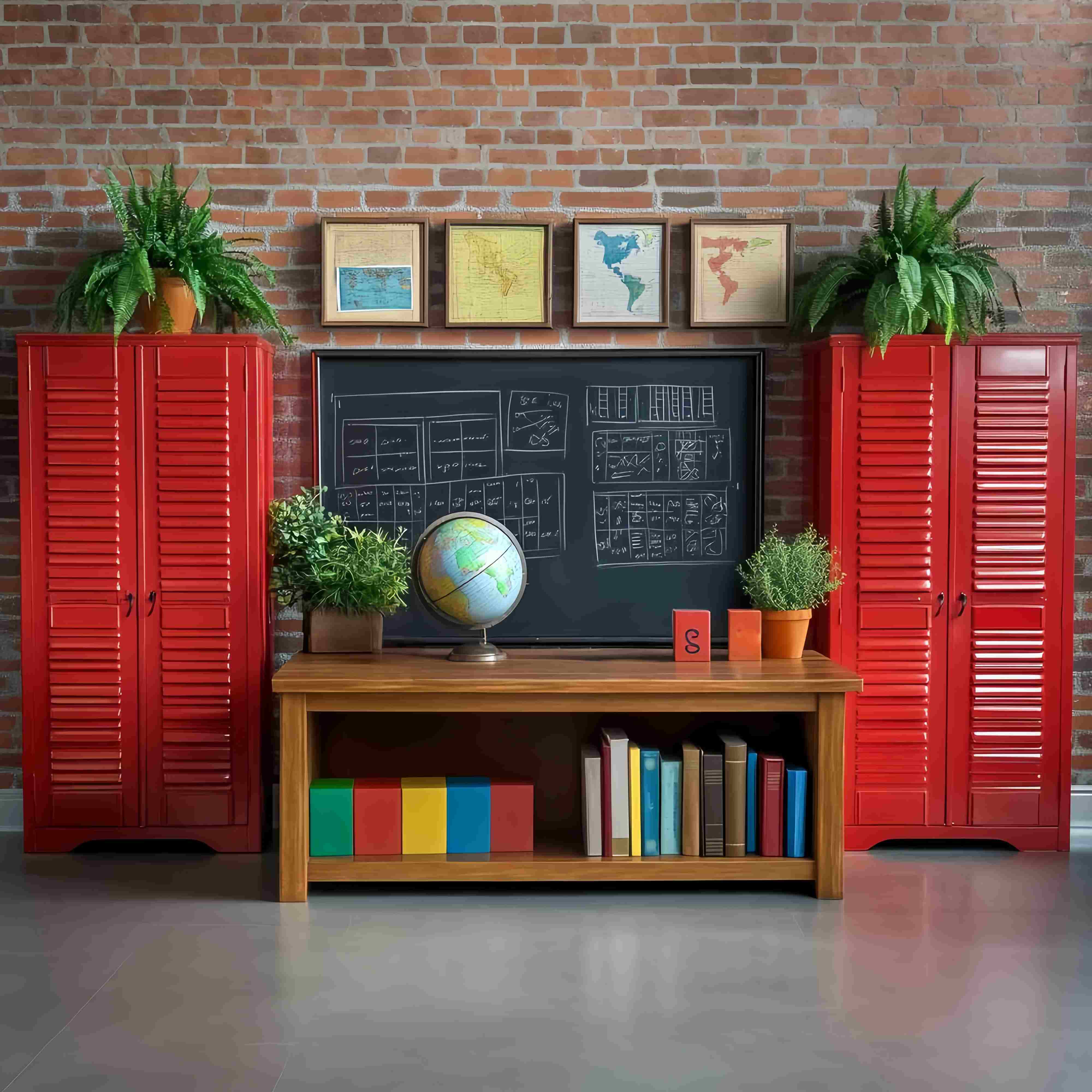 School Classroom Backdrop Red Lockers Globe Study Corner Back To School Backdrop LXX58-148